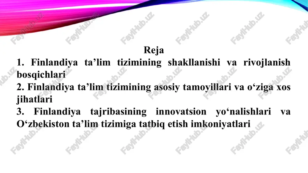amlakat milliy strategiyasining ustuvor yo‘nalishi hisoblanadi. xalqaro talabalarni baholash dasturi (pisa) maʼlumotlariga koʻra, finlyandiya taʼlimi bir necha yillardan beri jahon reytingida etakchi oʻrinlardan (eng yaxshi 10 lik ichida) birini egallab kelmoqda. pirlsning 2016 yildagi tadqiqoti natijalariga ko‘ra (5-o‘rin, 566 ball), timss 2019 yil natijalariga ko‘ra 19-o‘rinni egallab turibdi finlyandiya ta’lim tizimi ikki bosqichli ma’muriy tuzilishga ega: ta’lim va madaniyat vazirligi (ministry of education and culture) hamda vazirlik huzurida faoliyat yuritadigan, lekin o‘z faoliyatida mustaqil milliy ta’lim agentligi (finnish national agency for education). agentlik maktabgacha va maktab ta’limini, vazirlik esa oliy ta’lim tizimini boshqaradi. ta’lim muassasalarini boshqarish asosan mahalliy hokimiyatlar tomonidan amalga oshiriladi. ta’lim muassasasi faoliyatiga deyarli hech kim aralashmaydi. finlyandiya ta’lim tizimining yana bir tamoyili bo‘lgan ishonch madaniyati tufayli maktablarga tekshiruv tashriflari yo‘q. finlyandiya ta’lim tizimining asosini quyidagi 7 ta tamoyil tashkil etadi: tenglik - finlyandiyadagi barcha maktablar o‘quvchilarga bir xil sharoit va bir xil ta’lim tizimini taqdim etadi. bepul …