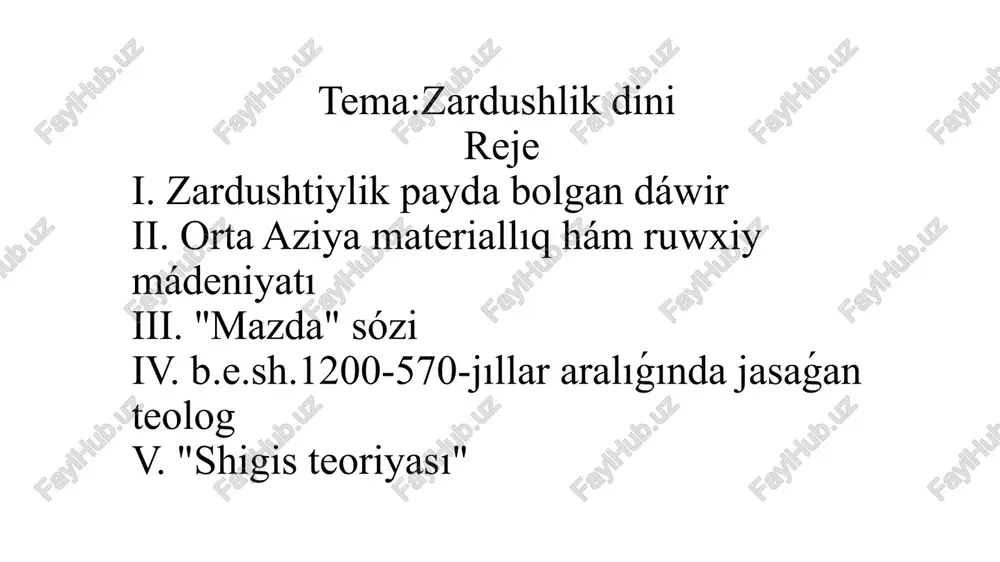 zildi. keyingi ásirlerde bul ideyalar yahudiylik, xristianlıq hám basqa dinler tárepinen ózlestirildi. aytıp ótiw orınlı, bul din payda bolǵan dáwir hám onıń watanı - ele ilimde tolıq sheshilgen máseleler emes. zardushtiylik dini payǵambar zardusht atına baylanıstırılıp, shártli túrde usılay atalıp kelinedi. tiykarında bolsa, ol usı dinniń muqaddes kitabı esaplangan avestoda "mazdayasna" dini dep atalgan. bul sózdi "mazdaǵa sıyınbaq" dep awdarıw múmkin. "mazda" sózi "danishpan, danishpan, aqıllı" sıyaqlı talqılanadı. zardushtiylik jáne "behdin," yagniy "eń jaqsı din" dep te uluģlangan. onıń táliymatı boyınsha, barlıq jaqsı barlıq mazdanıń erki menen jaratılǵan. "mazda" sózine ullılaw mánisin ańlatıwshı "axura" qosılıp, zardushtiyliktiń qudaylıǵı - axura-mazda atı payda bolgan. bul - "mırza mazda" yamasa "ilayx" degeni. zardusht atı izertlewlerde zaratushtra, zarduc, zoroacr kórinislerinde de qollanıladı. izertlewshiler arasında zardushttıń tariyxta bolgan yaki bolmaganlıǵı haqqında hár qıylı pikirler bar. birewler onı tariyxıy shaxs dep bilse, basqalar ápsanalıq shaxs dep esaplaydı. dereklerdiń xabar beriwinshe, ol shama menen b.e.sh.1200-570-jıllar aralıǵında jasaǵan …