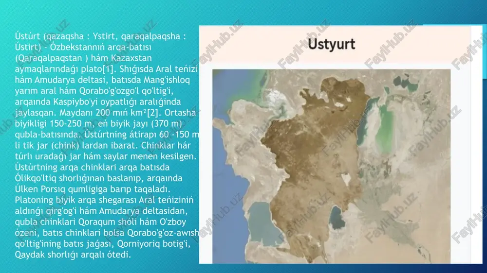 pesi jaylasqan. plato aymaǵı geologik dúzilisi tárepinen epipaleozoy plitasınıń bir bólegi esaplanıp, paleozoy, mezozoy hám kaynozoy tog jınıslarınan shólkemlesken. jer maydanına jaqın kismi gorizontal jatqan sarmat hák tasları, sazlardan dúzilgen bolıp, aralarında duz hám gips qatlamları ushraydı. ústúrtda keńlik boylap jónelgen bir neshe tektonik strukturalar bar. ústúrtning arqa bóleginde arqa ústúrt kóterilmasi, qublaında ústúrt bukilmasi (ol jaǵdayda qosbuloq, aspantaymatay, sam hám basqa sorlaqlar ) jaylasqan. bul bukilma arqa ústúrt kóterilmasini qassarma kóterilmasidan ajıratıp turadı. qassarma kóterilmasi dárwishlerdiń kiyimi barsaqelmas botig'i bar. odan qublaında oraylıq ústúrt kóterilmasi, taǵı qublaroqda asakaovdon shókpesi jaylasqan. ústúrt maydanı supasimon tegislik bolıp, ol jaǵdayda bir qansha ernekler: muzbel, qorabovur, oqtumshuq, qulandi hám basqa, barsaqelmas, qorasho'r, asakaovdon sıyaqlı shókpe hám oyıqlar bar. qubla bólegine qaplanqir hám sarıamish botig'i kirip barǵan. onıń arqa bóleginde sam, matayqum, úshewg'an qumlıqları hám bir qansha sorlaqlar (qosbuloq, aspantaymatay, sam hám basqalar ) hám de taqirlar bar. ústúrtda karst hám karstsuffozion relyef formaları …