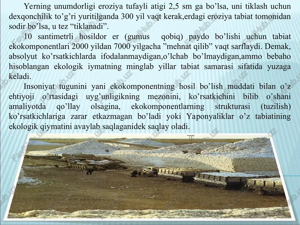 lmaydi. ayniqsa yashil o‘simliklar eng ko‘p biomassa to‘plash imkoniyatiga ega. ularning har yili to‘playdigan biomassasi umurtqasiz hayvonlar va mikroorganizmlarga nisbatan bir necha ming marta ko‘p bo‘ladi. turli tabiiy-tuproq mintaqalarda quyidagi miqdorda o‘simlik va hayvon qoldiqlari to‘planishi mumkin: tuproqda to‘planadigan organik qoldiqlarning tarkibida kul moddalar (ca, mg, k, p, si, s, fe singari), uglevodlar, oqsillar, lignin, lipidlar, mumlar, smolalar, oshlovchi moddalar va boshqa organik birikmalar bo‘ladi. nitrifikatsiya – ammiakning nitrat kislotasiga qadar biokimyoviy o‘zgarish jarayoni bo‘lib, unda avtotrof, prototrof bakteriyalar ishtirok etadi. nitrifikatsiya jarayoni 2 bosqichda o‘tadi. 1) 2nh3 + 3o2 → 2hno2 + 2h2o + 158 kal; 2) 2hno2 + o2 → 2hno3 + 58 kal denitrifikatsiya – azot kislotasining azotli kislotalargacha va nitratlarning nitritlarga va molekulyar azotga qadar qayta tiklanish jarayonidir. gumus hosil bo‘lish tezligi, uning borish xarakteri qator omillarga, jumladan, o‘simlik qoldig‘ining miqdori va kimyoviy tarkibiga, tuproq namligi va aeratsiyasiga, muhit reaksiyasiga, oksidlanish - qaytarilish sharoiti-ga, mikrobiologik faoliyatning …