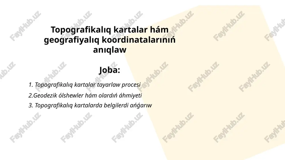 ı, jer silkiniwler, tektonik plitalar háreketi. usınıń sebepinen geodeziya injenerlik, áskeriy hám ekologiyalıq mashqalalardi sheshiwde úlken áhmiyetke iye. ... t.me/slaydai_bot topografikalıq kartalarda belgiler arqalı geografiyalıq ob'ektler hám ústler ańlatıladı. hár túrlı sızıqlar, reńler hám ramzlar bar. mısalı, konturdı sızıqlar rel'yefning biyikligi hám formasın ańlatadı, yaǵnıy birdey biyikliktegi noqatlardı birlestiradi. jaqın jaylasqan konturdı sızıqlar tiklikti, uzaq jaylasqanlar bolsa tegis erni kórsetedi. kók reń suw obiektleri, jasıl reń ormanlar, bawırrang bolsa tóbelik hám tawlardı ańlatadı. tıǵız sızıqlar kóbirek tiklikti ańlatadı. belgiler xalıq aralıq standartlarǵa muwapıq alınadı hám hár bir kartada túsintiriwshi bólim bar. sonıń menen birge, kartada masshtab da kórsetilgen boladı, bul bolsa aralıqlardı haqıyqıy dúnya ólshemlerine salıstırǵanda anıq kóriw imkaniyatın beredi. ... t.me/slaydai_bot karta oqıw kónlikpeleri karta oqıw kónlikpeleri geografiyalıq bilimlerdi tereńlestiriw ushın zárúrli esaplanadı. bul kónlikpeler járdeminde túrli ólshewler hám belgilerdi túsiniw, aralıqlardı anıqlaw, hám arnawlı bir jaylardıń jaǵdayın oyda sawlelendiriw múmkin. tiykarǵı elementler arasında koordinatalar sistemasın úyreniw, aralıq kólemlerin …