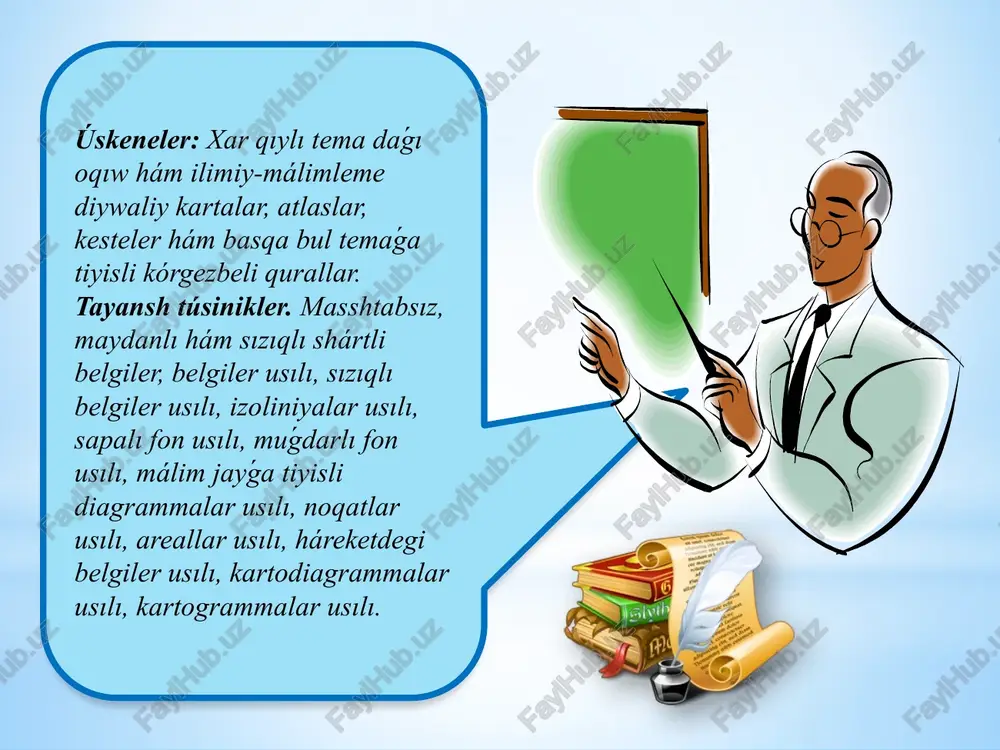 lıq belgileri eki tiykarǵı funktsiyanı atqaradı: birinshiden - ob'ektlerdi túrin kórsetedi (qudıq, shosse, batpaqlıq hám b.) hám olardı ayırım muǵdar hám (yamasa ) sapa xarakteristikaların (mısalı, qudıqtan málim waqıtta alınatuǵın suw muǵdarın, shosse reys bóleginiń eni hám ústine jatqızılǵan materialdıń túri, batpaqtıń yurib ótiwge jaramlıǵı ; ekinshiden - ob'ektti keńislikdegi jaǵdayın anıqlaydı, bul ob'ektlerdiń planlı ólshemlerin hám formaların, yamasa, qısqası olardı «fazosini» modellestiredi. kóbinese belgiler hádiyseni waqıt dawamında ózgeriwin (qalalardı ósiwi, dáryalardı tamaqtasıshini hám t.b.), kóship júriwin (ekspediciyalardı marshurutini, ciklonlarning traektoriyasın) hám basqa processlerdi sáwlelendiredi. kartografikalıq belgiler, olardıń funktsiyaları. belgilerdiń túrleri hám olardı differenciaciyalastiriw áyyemgi kartalarda waqıya hám hádiyseler perspektiv sıpát menen kórsetilgen. bunday súwretler bólek túsindirmelersiz de túsinikli bolǵan kartada ob'ektlerdi planlı geometriyalıq qásiyetlerin beriw kózqarasınan kelip shıǵıp, kartografikalıq shártli belgiler óz qásiyetleri hám wazıypalarına kóre masshtabsız, maydanlı (konturlı) hám sızıqlı shártli belgilerge bólinedi topografikalıq kartalardıń ayırım masshtabsız, sızıqlı hám maydanlı shártli belgileri: 1- mámleket geodezik punktleri; 2- radiomachtalar, …