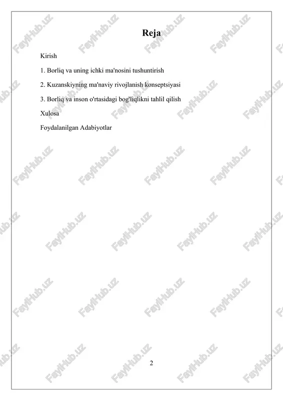 tahlil qilish, insonning ma’naviy rivojlanishini ta’minlash va uni to‘liq anglash uchun muhim ahamiyat kasb etadi. shunday qilib, kuzanskiyning borliq haqidagi ta’limoti nafaqat falsafiy va diniy doiralarda, balki zamonaviy falsafa va inson tafakkurida ham muhim rol o‘ynaydi, chunki u insonning ichki dunyosini va borliqning mohiyatini anglashga qaratilgan yangi yondashuvlarni ilgari suradi. i. borliq va uning ichki ma'nosini tushuntirish nikolay kuzanskiyning borliq haqidagi ta’limoti inson tafakkuri va ruhiy rivojlanishi bilan chambarchas bog‘liq bo‘lib, borliqning ichki ma'nosini tushunishga qaratilgan. u borliqni faqat tashqi ko‘rinishda emas, balki uning ichki ma'nosi, ruhiy qatlamlari va mohiyatiga e'tibor qaratadi. bu ta’limot, insonning ma’naviy yuksalishi orqali borliqning haqiqiy mohiyatini anglash mumkinligini ta’kidlaydi. kuzanskiyning fikricha, borliq faqat materiya yoki tashqi dunyo sifatida tushunilmay, balki uning ruhiy va ma’naviy qatlamlari mavjud bo‘lib, ular inson ong va ruhining rivojlanishi bilan bog‘liqdir. uning ta’limotida, borliq va inson o‘rtasidagi bog‘liqlik muhim o‘rin tutadi. kuzanskiy borliqni inson tafakkuri va ruhining rivojlanishi natijasida ochilishi mumkin …