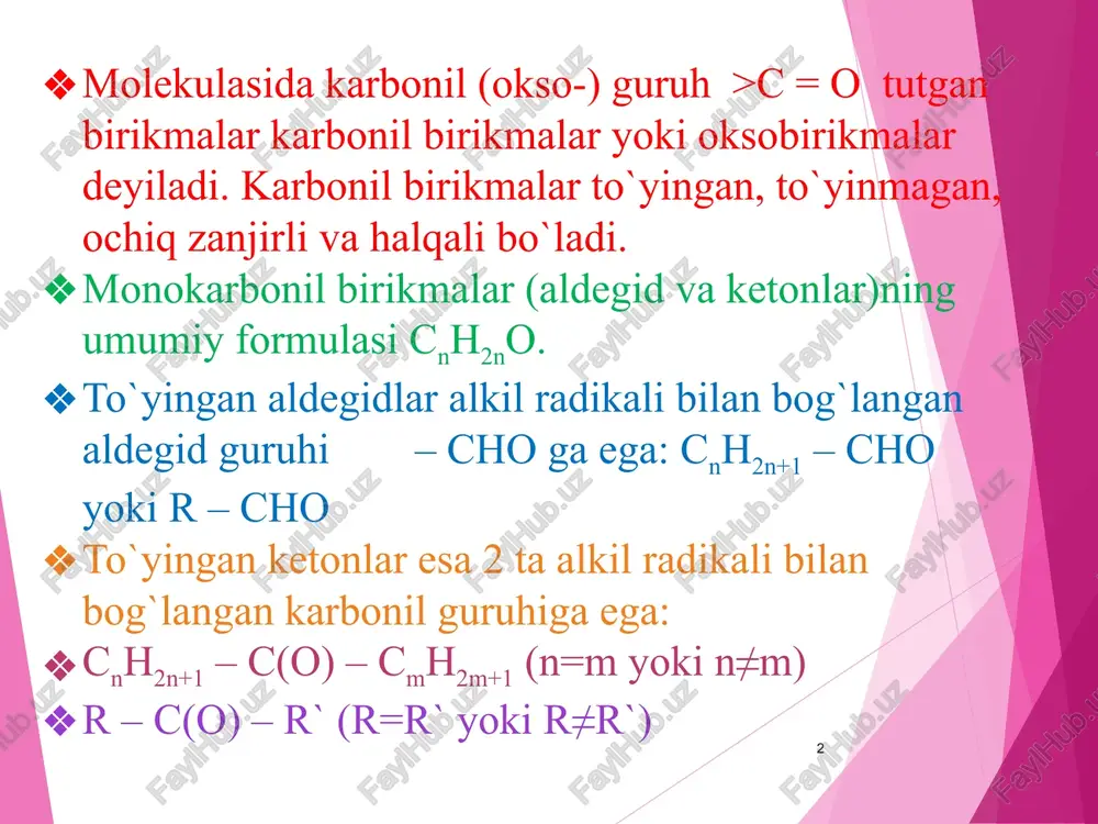 qiyin. xlorangidridlarini palladiy ishtirokida qaytarib aldegidlar olinadi (a.m. zaytsev 1873-yil, k. rozenmund 1918-yil): nitrillarni qaytarish. nitrillarni hcl da sncl2 bilan qaytarib ham aldegidlar olinadi. (stefen bo‘yicha qaytarish, 1925-yil): ‹#› chumoli kislota bilan boshqa karbon kislota bug‘i aralashmasi 300-3300c da katalizator (mno2, tho2, tio2) ustidan o‘tkazilganda, aldegidlar hosil bo‘ladi: chumoli kislotadan boshqa karbon kislotalar reaksiyaga kiritilsa, ketonlar hosil bo‘ladi: ‹#› geminal digalogenli birikmalarni gidrolizlash karbon kislotalarning ca, ba, mn yoki th li tuzlarini piroliz qilish. masalan, chumoli va sirka kislota tuzlari aralashmasining pirolizidan sirka aldegid hosil bo‘ladi: ‹#› α-glikollarning kuchli kislotalar ishtirokida ichki molekulyar degidratlanishidan karbonil birikmalar hosil bo‘ladi: magniyorganik birikmalarga chumoli kislota hosilalari ta’sirida aldegidlar, boshqa kislotalarning hosilalari ta’sirida esa ketonlar hosil bo‘ladi: ‹#› palladiy(ii) va mis(ii) xloridlarining xlorid kislotadagi eritmasi muhitida etilen kislorod bilan oksidlanadi: alkinilboranlardan olish: ‹#› nitrillarga grinyar reaktivi ta`sir ettirish: kadmiyorganik birikmalardan olish (g. gilman, j. nilson 1936-yil): ‹#› fizikaviy xossalari ‹#› karbonil guruhining elektron tuzilishi …