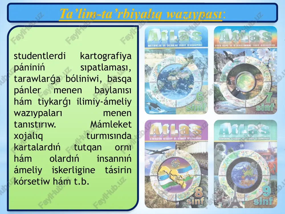 ıń bir bólimin jerdiń iyrekligin esapqa alıp, belgili bir matematikalıq qaǵıydalar tiykarında ózgertirip, kishiriytirilip, ulıwmalastırıp qaǵazǵa (tegislikke) túsirilgen súwreti (proekciyası) bolıp, ol qabıl qılınǵan shártli belgiler sistemasında onda jaylasqan obektlerdiń geografiyalıq ornın, jaylasıwın, jaǵdayın, waqıt dawamında ózgeriwin, sonday-aq olar arasındaǵı óz-ara baylanıstı kórsetedi ulıwma geografiyalıq kartanıń elementleri kartografiyalıq súwret, matematikalıq tiykar, járdemshi qurallar hám basqa qosımsha maǵlıwmatlarǵa ulıwma geografiyalıq kartanıń elementleri delinedi. ulıwma geografiyalıq kartalar matematikalıq tiykar kartografiyalıq súwret járdemshi qurallar qosımsha maǵlıwmatlar tematikalıq kartanıń elementleri hár qanday kartanıń ayrıqsha elementi bolıp legenda esaplanadı. karta mazmunın ashıp beretuǵın barlıq shártli belgiler hám túsindirmeler sistemasına legenda delinedi. ulıwma geografiyalıq kartalar matematikalıq tiykar kartografiyalıq súwret járdemshi qurallar qosımsha maǵlıwmatlar legenda geografiyalıq tiykar kartanıń mazmunı barlıq kartografiyalıq súwret matematikalıq tiykarda qurıladı. kartada onıń elementleri bolıp – kartografiyalıq proekciya hám onıń menen baylanıslı koordinata torı (yamasa torları), masshtab hám geodeziyalıq tiykar esaplanadı. kartanıń komponovkası da onıń matematikalıq tiykar elementine kiredi. kartada súwretlenip atırǵan territoriyanıń …