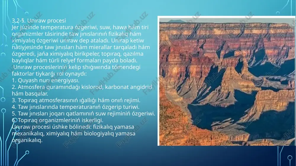 s, ásirese, bálent tawlı aymaqlar ushın tán, sebebi bunday aymaqlarda hawa temperaturasına baylanıslı jarıqlarǵa kirip qalǵan suwdıń temperaturası jıldıń derlik barlıq máwsimlerinde tómenlep yamasa kóterilip turadı. sol sebepli taw janbawırlarınıń úlken bólimi qalıń sıǵalanlar, qurumlar, shaqıq taw jınısları menen qaplanǵan. taw jınısları jarıqlarında suwdıń qayta muzlap eriwi menen baylanıslı fizikalıq unıraw suwıqtan unıraw dep ataladı. fizikalıq unıraw nátiyjesinde qattı taw jınısları mayda-mayda bolıp ketedi, maydalanǵan bóleksheler hátte 0,01 mm ge jetedi. qattı taw jınısları bóleksheleriniń ıssılıqtan keńeyiwi de fizikalıq unırawǵa kiredi. fizikalıq unırawǵa jer betiniń ósimlikler menen qalıń hám siyrek qaplanganlıǵı tásir kórsetken. suw az hám ósimlikler siyrek yamasa bolmaǵan orınlarda fizikalıq unıraw kúshli boladı. ximiyalıq unıraw taw jınıslarına suw, atmosferadaǵı hár túrli gazler (kislorod, karbonat angidrid) hám suwlar quramındaǵı hár túrli duz hám gazlerdiń tásirinde júz beredi. ximiyalıq unıraw kóbinese fizikalıq unıraw menen birge júz beredi, bul bolsa qattı taw jınıslarınıń jáne de kóbirek maydalanıwına járdem beredi, sonıń menen …