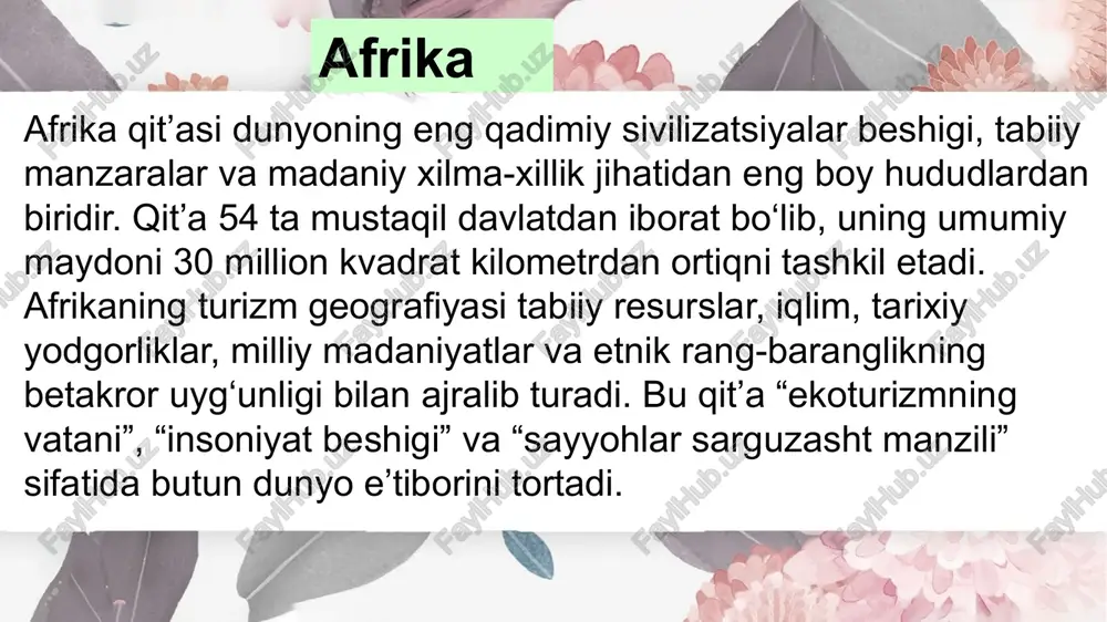 va janubiy chekkalarida yomgʻir qishda (yiliga 600-700 mm) yogʻadi. dunyodagi eng katta olmos janubiy afrikada topilgan. hozirgi vaqtda afrikada 53 ta davlat: ispaniya, fransiya, buyuk britaniya mulki boʻlgan davlatlar joylashgan qit’a besh asosiy mintaqaga bo‘linadi: shimoliy afrika – tarixiy-madaniy turizm markazi (misr, tunis, marokash, jazoir, liviya); sharqiy afrika – ekoturizm va safari yo‘nalishi (keniya, tanzaniya, uganda, ruanda, efiopiya); janubiy afrika – rivojlangan infratuzilma va plyaj turizmi (jar, namibiya, botsvana, mozambik); g‘arbiy afrika – madaniy va tarixiy turizm, qullik davri merosi (gana, senegal, benin, nigeriya); markaziy afrika – ekotizim va o‘rmon turizmi (kamerun, kongo, gabon, ekvatorial gvineya). shimoliy afrikaning yana bir yirik turistik davlati — tunis. tunis o‘rta yer dengizi bo‘yida joylashgan bo‘lib, o‘zining rim imperiyasi davriga oid kartaago xarobalari, sidi bu said shaharchasi, tunis milliy muzeyi va plyaj turizmi bilan sayyohlarni jalb etadi. tunisda madaniy turizm bilan bir qatorda “spa & wellness” (sog‘lomlashtiruvchi) turizmi ham rivojlangan. marokash esa afrikaning madaniy …