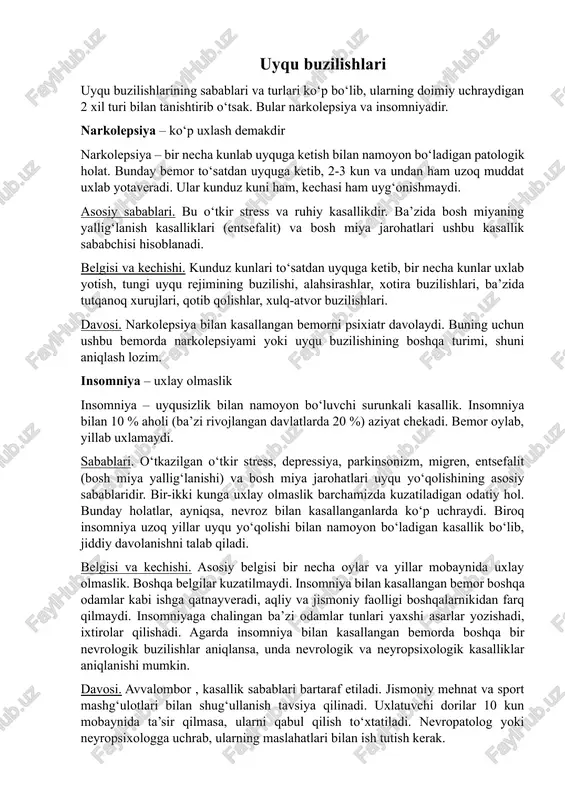 omniya bilan kasallangan bemor boshqa odamlar kabi ishga qatnayveradi, aqliy va jismoniy faolligi boshqalarnikidan farq qilmaydi. insomniyaga chalingan ba’zi odamlar tunlari yaxshi asarlar yozishadi, ixtirolar qilishadi. agarda insomniya bilan kasallangan bemorda boshqa bir nevrologik buzilishlar aniqlansa, unda nevrologik va neyropsixologik kasalliklar aniqlanishi mumkin. davosi. avvalombor , kasallik sabablari bartaraf etiladi. jismoniy mehnat va sport mashg‘ulotlari bilan shug‘ullanish tavsiya qilinadi. uxlatuvchi dorilar 10 kun mobaynida ta’sir qilmasa, ularni qabul qilish to‘xtatiladi. nevropatolog yoki neyropsixologga uchrab, ularning maslahatlari bilan ish tutish kerak. uyqusizlik (insomniya) - uyquning buzilishi, bunda odam uzoq vaqt davomida uxlash va uyquni ushlab turishda qiyinchiliklarga duch keladi. uyqusizlik sabablari quyidagilardan iborat: · ruhiy buzilishlar (stress, nevroz, depressiya); · surunkali toliqish; · noto‘g‘ri o‘rin; · uyqudan oldin qahva, choy va energetik ichimliklarni iste’mol qilish; · uyqudan oldin quyuq kechki ovqat; · fiziologik moyillik; · uyqudan oldin qabul qilingan ba’zi dorilar; · qo‘zg‘atuvchi shovqin va hidlar; · soat mintaqalarini almashtirish; · …
