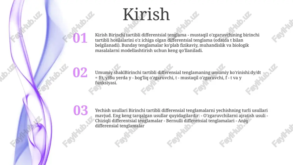 atish va ikkala tomonni birlashtirish orqali topiladi. birinchi tartibli differensial tenglamalarbirinchi tartibli differensial tenglamalar. ular dy/dx = f(x,y) umumiy shaklga ega. maqsad berilgan oraliqdagi x ning barcha qiymatlari uchun tenglamani qanoatlantiradigan y funksiyani topishdir. differensial tenglamalarning turlari differensial tenglamalarning har xil turlari mavjud bo'lib, ularning har biri o'ziga xos yechim usullariga ega. ba'zi keng tarqalgan turlarga chiziqli tenglamalar, chiziqli bo'lmagan tenglamalar, qisman differentsial tenglamalar va oddiy differensial tenglamalar kiradi. chiziqli differensial tenglamalar chiziqli birinchi tartibli differensial tenglamalar: noma'lum funksiya va uning hosilalari faqat birinchi darajalarini o'z ichiga olgan birinchi darajali va birinchi tartibli differentsial tenglamalar. misol: y' - 2y = x. birinchi tartibli differensial tenglamalar: bular birinchi tartibli differensial tenglamalar bo'lib, birinchi darajali bog'liq o'zgaruvchiga ega. misol: y' + xy = 0. yechish jarayoni: chiziqli birinchi tartibli differensial tenglamalarning yechimi integrallashtiruvchi omil usuli yordamida topiladi. integrallashtiruvchi omil - bu tenglamani birinchi tartibli tenglamaga aylantiruvchi funksiya. aniq differensial tenglamalar birinchi tartibli …