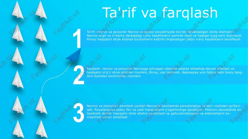 karen xorni: xorni nevroz ota-ona munosabatlari va shaxslararo munosabatlardan kelib chiqadigan tashvish va ishonchsizlikdan rivojlanadi, deb taklif qildi. davolash o'z-o'zini anglashni rivojlantirishga, tashvishlarni kamaytirishga va shaxslararo faoliyatni yaxshilashga qaratilgan. nevrozning xulq-atvori nuqtai nazari psixopatologiya bo'yicha kognitiv nuqtai nazarlar: disfunktsional fikrlash shakllari, mantiqsiz e'tiqodlar va psixologik iztirobga hissa qo'shadigan noto'g'ri qarashlarga e'tibor beradi. nevrozning xulq-atvori nuqtai nazari: o'rganilgan noto'g'ri odatlarga urg'u beradi, salbiy xatti-harakatlarni kuchaytiradi va qochishga undaydi. psixopatologiya bo'yicha biologik istiqbollar: kasalliklarni genetik, neyrokimyoviy yoki fiziologik anormalliklarga, jumladan genetik moyilliklarga, neyrotransmitterlarning nomutanosibligiga va miya disfunktsiyasiga bog'laydi. nevrozning kognitiv-xulq-atvor nazariyalari kognitiv buzilishlar: kognitiv nazariyalar nevrozda buzilgan fikrlarning rolini ta'kidlaydi. bu buzilishlar "hamma narsa yoki hech narsa fikrlash", "katastrofikatsiya" va "shaxsiylashtirish" ni o'z ichiga oladi. noto'g'ri e'tiqodlar: nevroz, shuningdek, "men etarlicha yaxshi emasman", "men hayotni boshqara olmayman" va "men muvaffaqiyatsizlikka mahkumman" kabi noto'g'ri e'tiqodlar bilan bog'liq. bu e'tiqodlar salbiy his-tuyg'ularga va o'z-o'zini sabotaj qilishga olib keladi. kognitiv qayta qurish: kognitiv-xulq-atvor terapiyasi ushbu …