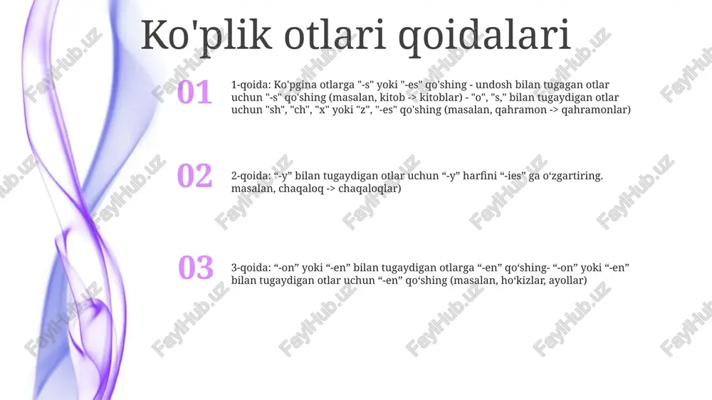 zlar es qo‘shadi (masalan, pomidor), boshqalari esa s qo‘shadi (masalan, fotosurat). maxsus tugallangan ko‘plik otlari 2. -ia: -on yoki -um bilan tugagan bir necha otlar ko‘plik shaklida oxirgi bo‘g‘inini -ia ga o‘zgartiradi. masalan, “mezon” (mezon), “fenomen” (hodisalar) va “datum” (ma’lumotlar). 1. -es: s, ss, sh, ch, x yoki z harflari bilan tugaydigan ayrim otlar s harfi oʻrniga -es qoʻshish orqali koʻplik maʼnosini hosil qiladi. masalan, “avtobus” (avtobuslar), “oʻpish” (oʻpish), va "cherkov" (cherkovlar). 3. noqonuniy ko‘pliklar: ba’zi otlar standart qoidalarga amal qilmaydigan tartibsiz ko‘plikka ega. bularga "bola" (bolalar), "oyoq" (oyoqlar) va "sichqoncha" (sichqonlar) kiradi. o'zgarishsiz ko'plik otlari muntazam ko'plik otlari- itlar- mushuklar- uylar o‘zgarmagan ko‘plik otlari- qo‘y- samolyot- kiyik ko‘plikdagi otlar- bolalar- g‘ozlar- tishlar yig'ma ko'pliklar kollektiv ko'plik: - yagona shaxs sifatida qaraladigan shaxslar guruhini bildiradi (masalan, jamoa, oila, armiya). ko'plik otlari: - ikki yoki undan ortiq shaxslar yoki ob'ektlar guruhlariga murojaat qiling (masalan, kitoblar, bolalar, stullar). noto'g'ri ko'plik: - noan'anaviy …