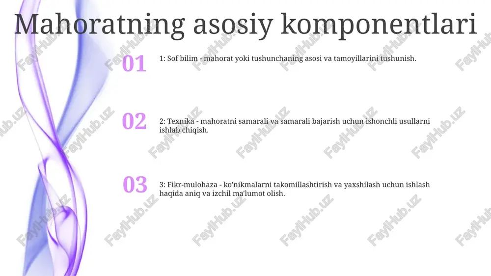 i egallash: mutaxassisning ishlashi qasddan amaliyot, tajribani rivojlantirishga yo'naltirilgan va tizimli yondashuv orqali olingan yuqori ixtisoslashtirilgan ko'nikmalardan kelib chiqadi. ongli sa'y-harakatlar: qasddan amaliyot ko'nikmalarni bosqichma-bosqich takomillashtirish va ishlash chegaralarini oshirish uchun ongli harakat va fikr-mulohazalarni o'z ichiga oladi, bu esa tajribaga olib keladi. qo'shimcha takomillashtirish: maxsus mashg'ulot mashg'ulotlari orqali odamlar zaif tomonlarini aniqlaydilar va ularni bartaraf etish uchun harakat qiladilar, natijada bosqichma-bosqich yaxshilanishlar va pirovardida mutaxassislarning ishlashi. ko'nikmalarni rivojlantirishda motivatsiya va oqim holatlari oqim holatlari: kuchli diqqat, aniq maqsadlar va oson ishlash bilan tavsiflangan optimal tajribalar. oqim holatlari o'quvchilarga yangi bilimlarni to'liq jalb qilish va o'zlashtirishga imkon berish orqali ko'nikmalarni egallashni osonlashtiradi. ichki motivatsiya: zavqlanish, qiziqish yoki qiyinchilikdan kelib chiqadigan motivatsiya barqaror mahoratni rivojlantirish uchun juda muhimdir. bu odamlarni tashqi mukofotlarsiz faoliyat bilan shug'ullanishga undaydi. fikr-mulohaza va maqsadni belgilash: muntazam fikr-mulohazalar va aniq belgilangan maqsadlar yo'l-yo'riq va motivatsiyani ta'minlaydi. fikr-mulohaza o‘quvchilarga taraqqiyotni kuzatishga, yaxshilanishi kerak bo‘lgan sohalarni aniqlashga va mahoratni …