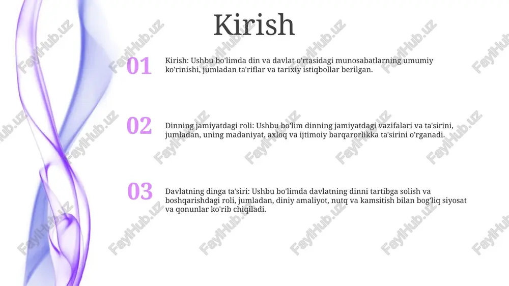 ngan. 3: diniy xilma-xillikni davlat dunyoviyligi bilan uyg'unlashtirishga intilayotgan mamlakatlarda madaniy, siyosiy va ijtimoiy sohalarni shakllantirishda dinning roli o'rganiladi. cherkov va davlatni ajratish oʻzbek jamiyatida dinning oʻrni: rasmiy dunyoviylikka qaramay, islom oʻzbek jamiyatida muhim rol oʻynaydi, aholining koʻpchiligi musulmon deb hisoblaydi. diniy urf-odatlar va urf-odatlar keng tarqalgan, ammo hukumat ekstremizmning oldini olish uchun diniy faoliyatni tartibga soladi. o'zbekistonda dunyoviylik: cherkov va davlatni ajratish o'zbekiston konstitutsiyasida mustahkamlangan bo'lib, u barcha fuqarolar uchun diniy erkinlikni kafolatlaydi. hukumat dunyoviy pozitsiyani saqlab qoladi va biron bir dinni qo'llab-quvvatlamaydi. dinlararo hamkorlik: o‘zbekiston konfessiyalararo muloqot va hamkorlikni faol rivojlantirmoqda. mamlakatda diniy bag‘rikenglik bo‘yicha bir qancha xalqaro konferensiyalar o‘tkazildi va turli konfessiyalar o‘rtasida o‘zaro tushunish va hamkorlikni rivojlantirish maqsadida diniy yetakchilar kengashi tashkil etildi. dunyoviy davlatlarda diniy erkinlik so‘z va e’tiqod erkinligini ta’minlash dunyoviy davlatlarda diniy erkinlik diniy jamoalarni himoya qilish din erkinligi yoki dindan erkinlik 1: dunyoviy davlatdagi davlat va din dunyoviy jamiyatlarda cherkov va davlatning …