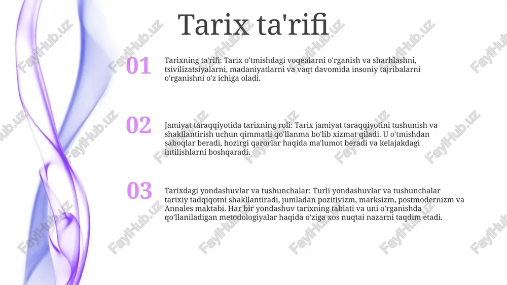 inuvini namoyish etadi. siyosiy evolyutsiya: u tsivilizatsiyalarning yuksalishi va qulashini o'rganadi, siyosiy tizimlar, boshqaruv tuzilmalari va kuch dinamikasi evolyutsiyasini kuzatadi. tarixshunoslikning roli tarixshunoslikning roli: tarixshunoslik, tarixni o'rganish o'tmishni tushunishda hal qiluvchi rol o'ynaydi. tarixchilar tarixiy yozuvlarni tahlil qilish orqali rivoyatlarni qayta tiklaydilar, voqealarni sharhlaydilar va jamiyatlarning rivojlanishi haqida tushuncha beradilar. tarixning mazmuni va diqqat markazida: jamiyat taraqqiyotida tarixning mazmuni, yo'nalishlari va konsepsiyalari tarixning mazmuni va yo'nalishini o'rganadi. u turli tarixiy istiqbollarni, tarixshunoslik tendentsiyalarini va o'tmishni sharhlashda foydalaniladigan kontseptual asoslarni o'rganadi. tarixning yo'nalishlari va tushunchalari: matn tarixshunoslikdagi turli yo'nalish va tushunchalarni, jumladan, tarixning siyosiy, iqtisodiy, madaniy va ijtimoiy talqinlarini muhokama qiladi. unda tarixshunoslik nazariyalarining tarixiy rivoyatlar qurilishiga ta’siri va ularning o‘tmishni tushunishga ta’siri tahlil qilinadi. tarixiy voqealarning jamiyatga ta'siri 2. tarixiy rivoyatlarni baholash: tarixiy voqealarga turlicha qarashlar va talqinlar turli xulosalarga olib kelishi mumkin. tarixiy rivoyatlarni tanqidiy tahlil qilish jamiyatning murakkabliklarini va uning evolyutsiyasini tushunish uchun juda muhimdir. 1. tarixiy kontekstni …