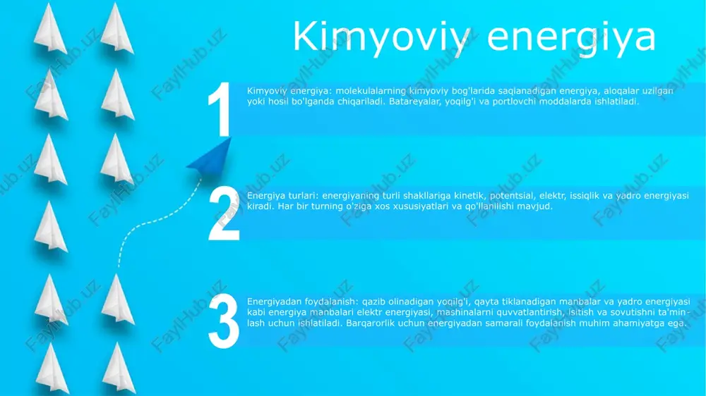 li. energiya shakllari va ulardan foydalanish: energiya issiqlik energiyasi, yorug'lik energiyasi, elektr energiyasi, kimyoviy energiya va mexanik energiya kabi turli shakllarda mavjud. ko'pincha isitish uchun ishlatiladigan issiqlik energiyasi yonish, elektr qarshilik yoki quyosh nurlanishi orqali hosil bo'lishi mumkin. nur energiyasi energiya turlari:- kinetik: harakat energiyasi.- potensial: potensial: pozitsiya yoki taranglik tufayli saqlanadigan energiya.- kimyoviy: kimyoviy bog'larda saqlanadigan energiya.- elektr: elektr zaryadi bilan bog'liq energiya. yorug'lik energiyasi:- fotonlar deb ataladigan mayda zarralardan iborat.- kosmos bo'ylab harakatlana oladigan to'lqinlar.- ko'rish va fotosintez uchun mas'ul. ulardan foydalanish:- yorug'lik energiyasi: yoritish, quyosh panellari.- kinetik energiya: avtomobillar, shamol turbinalari.- potensial energiya: to'g'on, buloqlar.- kimyoviy energiya: akkumulyatorlar, yoqilg'i.- elektr energiyasi: elektr liniyalari, elektr jihozlari. mexanik energiya mexanik energiya: jismning harakati yoki holati bilan bog'liq energiya. energiya turlari: mexanik energiya, shu jumladan kinetik (harakat energiyasi) va potentsial (pozitsiya tufayli energiya), shuningdek issiqlik, yorug'lik va kimyoviy energiya kabi boshqa shakllar. energiyadan foydalanish: turli xil energiya manbalari, masalan, qazib …