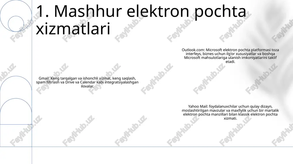 xizmatlari va texnik yordam bilan ta'minlaydi. mahalliy elektron pochta: kompaniyaning o'z binolarida joylashtirilgan va qo'llab-quvvatlanadi, bu ko'proq nazorat va moslashtirishni ta'minlaydi, lekin muhim apparat, dasturiy ta'minot va it tajribasini talab qiladi. 4. biznes elektron pochta xizmatlari veb-asoslangan elektron pochta xizmatlari:- gmail: googlega tegishli bo'lgan gmail foydalanuvchilarga qulay interfeys, keng xotira va spamni filtrlash va video konferentsiya kabi ilg'or funksiyalarni taklif etadi. elektron pochta xizmati turlari:- outlook.com: ilgari hotmail nomi bilan atalgan outlook.com sozlanishi mumkin boʻlgan pochta qutisi, kalendar integratsiyasi va microsoft office ilovalari bilan integratsiyani taʼminlaydi. veb-asoslangan elektron pochta xizmatlari: - protonmail: maxfiylikka qaratilgan protonmail uchinchi shaxslarning elektron pochta xabarlariga kirishiga yo'l qo'ymaslik uchun oxirigacha shifrlashni taklif qiladi. 5. internetga asoslangan elektron pochta xizmatlari outlook: microsoft-ning flagman elektron pochta xizmati taqvim integratsiyasi, vazifalarni boshqarish va almashinuvni qo'llab-quvvatlash kabi ilg'or xususiyatlarni taklif etadi. thunderbird: mozilla-ning bepul va ochiq manbali ish stoli elektron pochta mijozi sozlanishi, kengaytirilishi va bir nechta hisoblarni qo'llab-quvvatlaydi. …