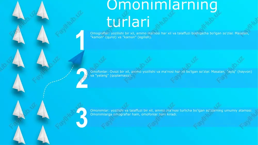 si har xil bo'lgan so'zlar, masalan, "bank" (moliya muassasasi va daryo qirg'og'i). omonimlarning turlari: omonimlar (imlosi, talaffuzi va ma’nosi bir xil bo‘lgan to‘liq omonimlar), omograflar (imlosi bir xil, talaffuzi va ma’nosi bir xil) va omonimlar (bir xil talaffuz, yozilishi va ma’nosi boshqacha). omonimlarning manbalari: turli tillardan olingan so‘zlar, tildagi tovush o‘zgarishlari va vaqt o‘tishi bilan so‘z ma’nolarining evolyutsiyasi. e'tiboringiz uchun rahmat @taqdimot_robot image12.jpg image3.jpg image2.jpg /docprops/thumbnail.jpeg