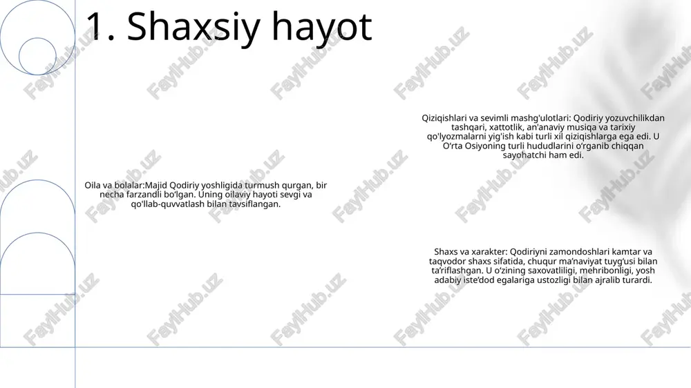 iruvchi hikoya: majid qodiriyning o‘zgarmas qat’iyati qiyinchiliklarni yengish: majidning ko'plab nogironlik, ijtimoiy stigma va qashshoqlik bilan kurashish sayohati zafarli yutuq: majidning ajoyib akademik muvaffaqiyati, u duch kelgan qiyinchiliklarga qaramay, bir nechta darajalarni qo'lga kiritdi 4. yutuq yozuvchi: majid qodiriyning she’riyat, nasr, dramaturgiya, adabiy tanqid kabi turli janrlarda 50 dan ortiq kitoblari nashr etilgan. tarjimon: qodiriy o‘zbek tilidan rus tiliga 40 dan ortiq asarni tarjima qilib, o‘zbek adabiyotini keng ommaga tanishtirdi. madaniyat elchisi: qodiriy oʻzbek madaniyatini jahon miqyosida faol targʻib qilgan, pen assotsiatsiyasining xalqaro prezidenti sifatida faoliyat yuritgan va xalqaro adabiy tadbirlarni tashkil etgan. 5. mashhur loyihalar majid qodiriyning meʼmoriy uslubi: taʼsiri qodiriyga oʻzbekistonning anʼanaviy meʼmorchiligi, xususan, sirlangan koshinlar va murakkab geometrik naqshlardan foydalanish taʼsir koʻrsatgan. u shuningdek, zamonaviy dizayn elementlarini, masalan, toza chiziqlar va minimalist shakllarni o'z ichiga oldi. majid qodiriyning arxitektura uslubi: innovatsiya qodiriyning dizaynga o‘ziga xos yondashuvi natijasida an’anaviy va zamonaviy elementlarni uyg‘unlashtirgan innovatsion tuzilmalar yaratildi. u turli …