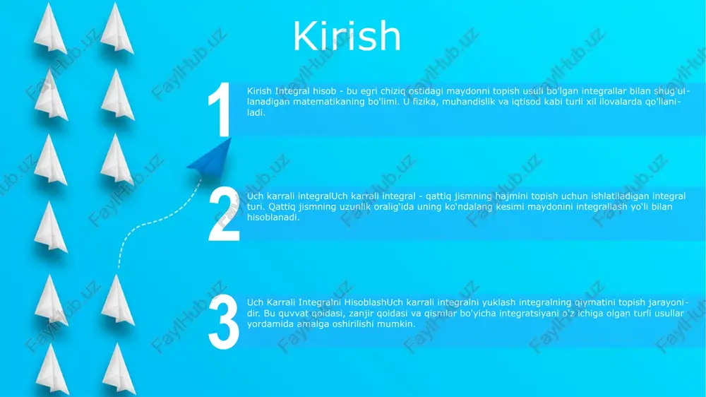 qo'llanilishi: har xil o'lchamdagi hajmlarni, sirt maydonlarini va massa markazlarini topish. bir nechta integrallar: sirt yoki egri chiziq ostidagi hajm yoki maydonni ifodalovchi bir nechta o'zgaruvchiga ega integrallar. baholash usullari: ushbu integrallarni hisoblash uchun fubini teoremasi yoki takroriy integratsiya usullaridan foydalanish. silindrsimon koordinatalarga aylantirish silindrsimon koordinatalarga o'tkazish: silindrsimon koordinatalarda nuqta (x, y, z) (r, th, z) ko'rinishida ifodalanadi, bu erda r - z o'qidan masofa, th - pozitsiya vektorining burchak bilan qilgan burchagi. musbat x o'qi, z esa xy tekisligidan balandlikdir. uch karrali integral: matematik tahlilda integral egri chiziq ostidagi maydon yoki qattiq jismning hajmini topadigan matematik amaldir. uch karrali integrali uch o'lchovli mintaqada baholanadigan integraldir. uch karrali integralni hisoblash: uch karrali integrali odatda uch karrali integral yordamida baholanadi, u avval z ga nisbatan, keyin r ga va nihoyat th ga nisbatan integrallashni o z ichiga oladi sferik koordinatalarga aylantirish start sferik koordinatalarga aylantirish: r2 = x2 + y2 + …