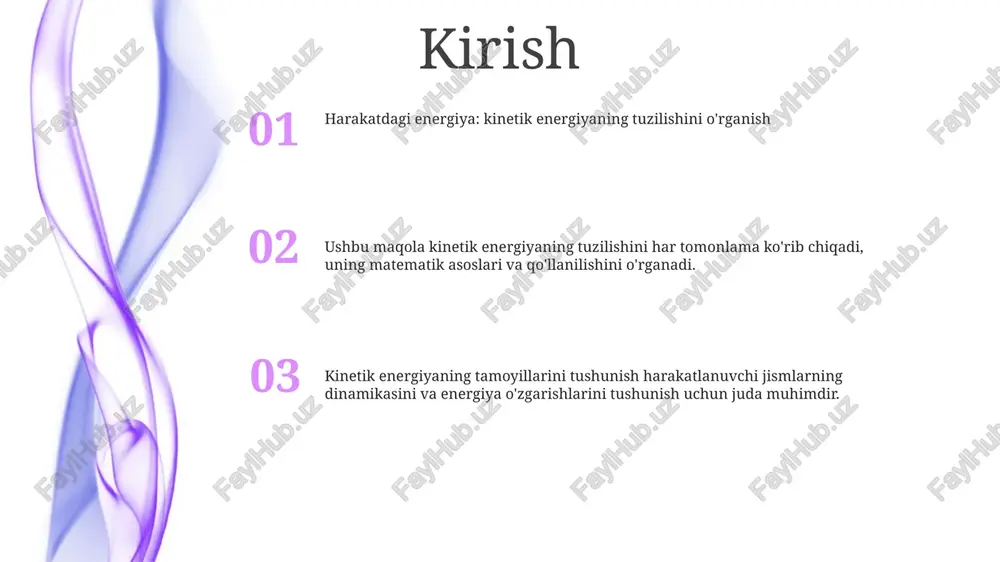 ulasi: e = (mc²) (g - 1), bu erda m - jismning massasi, c - yorug'lik tezligi va g - lorents omili. mikroskopik kinetik energiya tizimning kinetik energiyasitizimning kinetik energiyasi tizimdagi barcha zarralarning umumiy kinetik energiyasini anglatadi. u zarrachalar tezligining kvadratiga proportsionaldir va uni quyidagi formula yordamida hisoblash mumkin: ke = 1/2 m v ^ 2. mikroskopik kinetik energiyamikroskopik kinetik energiya deyiladi, atomlar yoki molekulalar kabi tizimdagi alohida zarrachalarning harakati tufayli ega bo'lgan energiya. energiyaning taqsimlanishi tizimda kinetik energiya zarrachalar orasida teng taqsimlanmagan. buning o'rniga, zarrachaning ma'lum bir haroratda ma'lum energiyaga ega bo'lish ehtimolini tavsiflovchi maksvell-boltzman taqsimoti kabi statistik taqsimotga amal qiladi. aylanma kinetik energiya aylanma kinetik energiya formulasi: aylanma kinetik energiya $k_r = \frac{1}{2}i\omega^2$ formulasi bilan berilgan, bu erda $k_r$ aylanish kinetik energiyasi, $i$ - inersiya momenti, va $\omega$ - burchak tezligi. aylanma kinetik energiya: aylanma kinetik energiya aylanayotgan jismning energiyasidir. u jismning inersiya momenti va uning burchak tezligi …