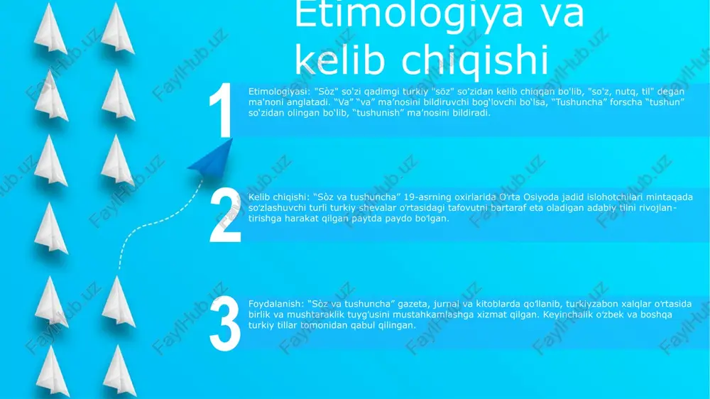 miyatning umumiy xotirasi va o'ziga xosligini shakllantiradi. 1. til madaniy vosita sifatida: til madaniyatning o‘ziga xos kechinmalari, istiqbollari va dunyoqarashini aks ettiradi. u odamlarning o'z atrof-muhitini qanday qabul qilishini va o'zaro munosabatini shakllantiradi, ularning qadriyatlari, e'tiqodlari va xatti-harakatlariga ta'sir qiladi. 3. madaniyatlararo tushunish: boshqa madaniyat tilini tushunish madaniyatlararo muloqotni rivojlantirish va madaniy tafovutlarni bartaraf etish uchun juda muhimdir muloqot va tushunmovchilik muloqot: ikki yoki undan ortiq shaxslar o'rtasida ma'lumot uzatish jarayoni. tushunmovchilik: ko'pincha nuqtai nazar, til yoki umidlardagi farqlar tufayli muloqotni noto'g'ri tushunish. sòz va tushuncha: tushunmovchiliklardan qochish uchun aniq va to'g'ri muloqot muhimligini ta'kidlaydigan o'zbek maqol. so'zlarning kuchi start muloqotga ta'siri: so'zlar xabarlarni samarali etkazish yoki tushunmovchiliklarni keltirib chiqarish qobiliyatiga ega. ular o'z tanlovi va foydalanishiga qarab muloqotni yoqishi yoki to'sqinlik qilishi mumkin. hissiy rezonans: so'zlar ijobiy va salbiy his-tuyg'ularni uyg'otishi mumkin. ular ilhomlantirishi, rag'batlantirishi yoki tinchlantirishi mumkin, ammo ular xafa qilishi, g'azablanishi yoki manipulyatsiya qilishi mumkin. so'zlarning hissiy …