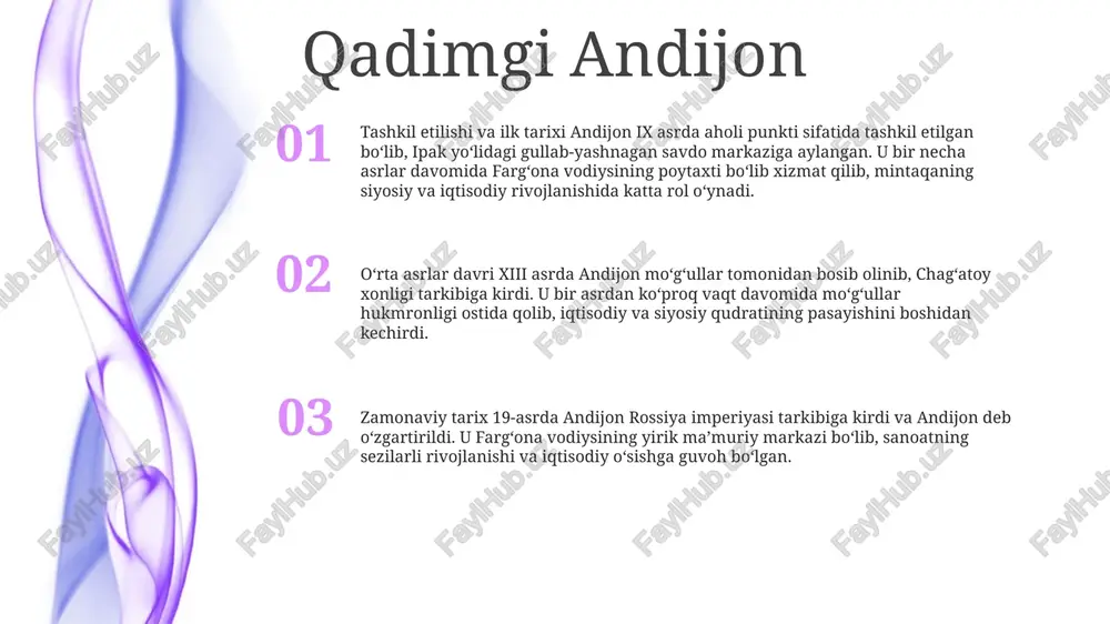 tarixga ega. – 19-asrda viloyat rossiya imperiyasi tarkibida boʻlib, andijon uyezdi deb atalgan temuriylar davri temuriylar hukmronligidagi tumanlar soni: temuriylar sulolasi andijon viloyatini andijon, namangan, fargʻona va margʻilon kabi bir qancha tumanlarga boʻldi. yirik shaharlarning joylashuvi: temuriylar davrida andijon va namangan oʻzlarining savdo-sotiq, hunarmandchilik va meʼmoriy diqqatga sazovor joylari bilan mashhur boʻlgan muhim shahar markazlari sifatida paydo boʻlgan. arxitektura merosi: temuriylar andijon viloyatida masjidlar, madrasalar va maqbaralar kabi ta’sirchan me’moriy meros qoldirgan. andijondagi jomiy masjidi va samarqanddagi gur-amir maqbarasi diqqatga sazovordir. buxoro xonligi andijon viloyati maʼmuriy hududiy tuzilishi tarixi: bu maʼmuriy tarix andijon viloyatining hududiy chegaralari, tumanlari va shaharlari 19-asrdan to hozirgi kungacha boʻlgan evolyutsiyasi haqida maʼlumot beradi. buxoro xonligi: 16-asrda tashkil topgan, uning markazi buxoroda boʻlgan va joniylar sulolasi hukmronlik qilgan. bu markaziy osiyoning savdo va islom ilmi bilan mashhur bo'lgan yirik davlati edi. buxoro xonligi, andijon viloyati maʼmuriy hududiy tuzilishi tarixi: bu manbalar buxoro xonligi va andijon viloyatining …