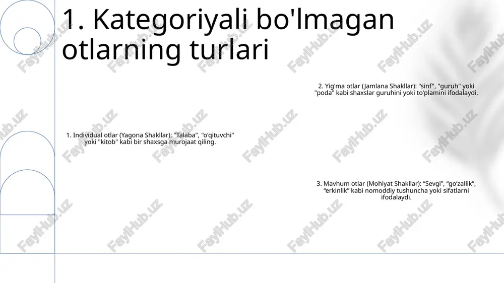di. egalik otlari (otlarning aloqa-munosabat kategoriyali): egalik otlari egalik yoki egalikni bildiradi, masalan, “johnning kitobi”, “maryamning mashinasi” yoki “kompaniyaning bosh qarorgohi”. ular otga “-lar” yoki “-lar” egalik qo‘shimchasini qo‘shish orqali yasaladi. 4. mavhum otlar to'g'ri otlar - odamlar, joylar, tashkilotlar va unvonlar kabi aniq ob'ektlarni belgilang. - har doim katta harf bilan yoziladi (masalan, jon, parij, microsoft). otlarning nokategorial shakllari- base form (e.g., "kitob")- plural form (e.g., "kitoblar")- definite form (e.g., "kitobi")- indefinite form (e.g., "kitobning")- possessive form (e.g., "kitobim") otlarning aloqa-munosabat kotegoriyalari- sintaktik: otning gapdagi boshqa so‘zlarga (masalan, predmet, predmet) munosabatini bildiradi.- semantik: otning o‘ziga xos ma’nosini (masalan, jonli, jonsiz, mavhum) aks ettiradi.- morfologik. : otning shakli bilan bog'liq (masalan, muayyan rollarni bildirish uchun qo'shimcha). 5. to'g'ri otlar 1: umumiy otlar (umumiy otlar)- kishilar, joylar, narsalar yoki fikrlar sinfini ifodalaydi.- misollar: bola, shahar, kitob, sevgi. 2: hosila otlari (otishtirilgan otlar)- feʼl, sifat, qoʻshimcha kabi soʻzlardan yasaladi.- misollar: hayajon (hayajondan), …
