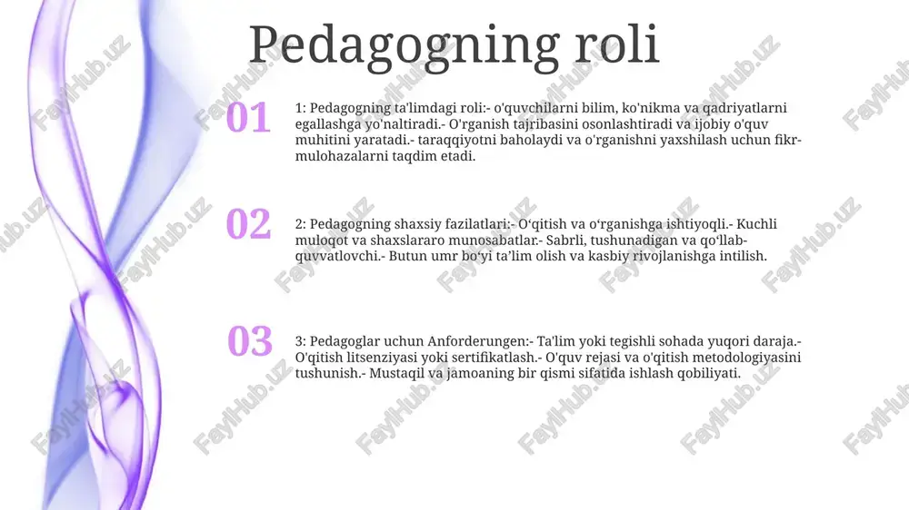 opish va to'siqlarni engib o'tish qobiliyati. tanqidiy fikrlash: taxminlarni so'roq qilish, dalillarni o'rganish va asosli xulosalar chiqarish pedagogik ko'nikmalar samarali muloqot: bilim, g'oyalar va ko'rsatmalarni aniq va aniq etkazish. sinfni boshqarish: ijobiy va samarali o'quv muhitini yaratish, o'quvchilarning xatti-harakatlarini boshqarish. ta'limni loyihalash: talabalarning o'quv maqsadlariga erishish uchun darslarni rejalashtirish, amalga oshirish va baholash hissiy intellekt hissiy intellekt:- o'zining, shuningdek, boshqalarning his-tuyg'ularini tushunish va boshqarish qobiliyati.- samarali shaxslararo muloqot va muammolarni hal qilish uchun zarur. pedagog shaxsi:- o`qituvchining xulq-atvorini yo`naltiruvchi axloqiy va axloqiy tamoyillar.- halollik, halollik, hurmat va adolatni o`z ichiga oladi. unga qo'yiladigan talablar:- o'quvchilardan o'qituvchilari va sinfdoshlarini hurmat qilishlari kerak.- o'qishga ijobiy munosabatda bo'lish.- darslarga tayyorgarlik ko'rish va faol ishtirok etish. aloqa maxorati pedagogik mahorat- pedagogik nazariya va tamoyillarni tushunish.- jozibador oʻquv tajribalarini loyihalash va amalga oshirish qobiliyati.- talabalarning oʻzlashtirishini baholash va konstruktiv fikr bildirishda mohir. muloqot qobiliyatlari- og'zaki, yozma va og'zaki bo'lmagan vositalar orqali ma'lumotni aniq va samarali …