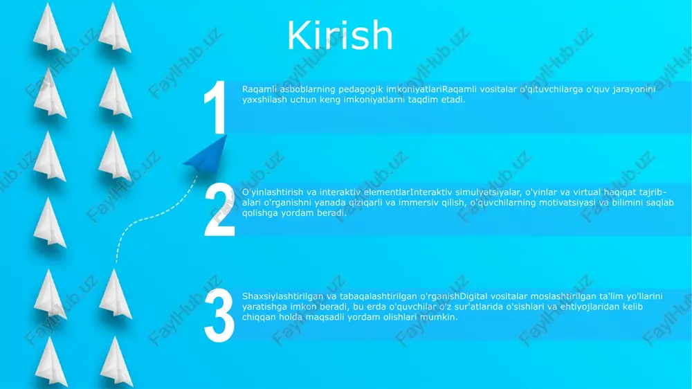 ktiv simulyatsiyalarni ishlab chiqish jarayonini soddalashtiring. foyda va qiyinchiliklar 2-foyda: kengaytirilgan oʻquv tajribalariinteraktiv simulyatsiyalar, virtual reallik simulyatsiyalari va oʻyinlar oʻrganishni yanada jozibador va immersiv qiladi, chuqurroq tushunish va saqlashni osonlashtiradi. 1-foyda: foydalanish imkoniyati va qulaylikraqamli oʻquv vositalari istalgan vaqtda va istalgan joyda taʼlim resurslaridan foydalanish imkonini beradi, bu esa oʻquvchilarga oʻz tezligi va jadvali boʻyicha oʻrganish imkonini beradi. 3-foyda: turli o‘quvchilar uchun foydalanish imkoniyati raqamli vositalar turli o‘rganish uslublari va qobiliyatlarini o‘zida mujassamlashtirib, nogiron yoki til to‘siqlari bo‘lgan talabalarga o‘quv materiallariga kirish va qatnashish imkonini beradi. amaliy foydalanish holatlari amaliy foydalanish holatlari: - talabalarning faolligini oshirish va interaktiv ta'lim muhitini rivojlantirish uchun raqamli vositalardan foydalanish. - jismoniy cheklovlarsiz amaliy tajribalarni taqdim etish uchun virtual simulyatsiyalar va onlayn laboratoriyalarni amalga oshirish. dasturiy ta'minot vositalarining didaktik imkoniyatlari: - individual ta'lim uslublariga moslashuvchi dinamik va sezgir o'quv materiallarini yaratish.- onlayn platformalar va video konferentsiyalar orqali hamkorlik va tengdoshlarni o'rganishni rag'batlantirish. ta'limga ta'siri:- turli …