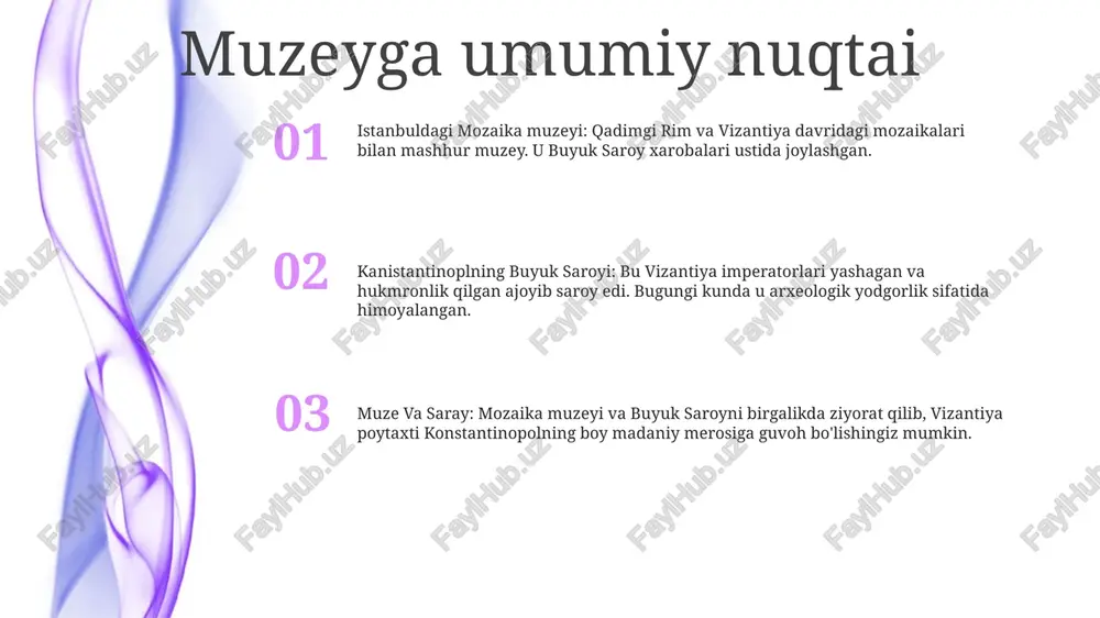 gan. saroy tarixi va arxitekturasi saroy tarixi va arxitekturasi:- katta saroy deyarli 10 asr davomida vizantiya imperatorlarining turar joy saroyi boʻlib xizmat qilgan va son-sanoqsiz muhim voqealarga guvoh boʻlgan istanbul mozaika muzeyi:- bu muzey buyuk saroydan va boshqa mashhur istanbul cherkovlaridan qutqarib olingan ajoyib vizantiya mozaikalarini namoyish etadi.- mehmonlar ushbu qadimiy sanʼat asarlarida tasvirlangan murakkab dizaynlar, jonli ranglar va tarixiy manzaralardan hayratda qolishlari mumkin. buyuk konstantinopol saroyi:- buyuk saroyning ulkan majmuasi 100 gektardan ortiq maydonni egallagan va ko'plab binolar, bog'lar va hovlilarni o'z ichiga olgan.- bugungi kunda faqat xarobalar qolgan, bu bir vaqtlar ulug'vorlik va nafosatini ko'rish imkonini beradi. saroy. qazish va tiklash qazish va tiklash, kanistantinoplning buyuk saroyi- konstantinopolning buyuk saroyi vizantiya imperatorlarining asosiy imperatorlik qarorgohi edi.- saroy milodiy 4-asrda qurilgan va vaqt oʻtishi bilan kengaytirilgan.- konstantinopolning usmonlilar qoʻliga oʻtishidan keyin tashlab ketilgan. turklar 1453 yil. qazish va restavratsiya, istanbuldagi mozayka muzeyi- istanbuldagi mozaika muzeyi dastlab konstantinopolning buyuk saroyida …