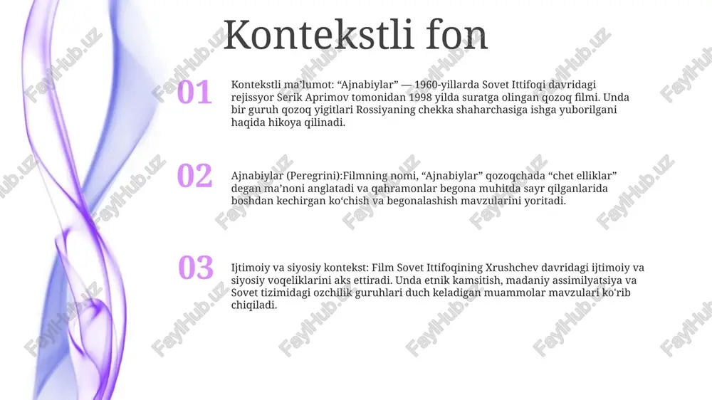 orijliklar yoki uzoq mamlakatlardan kelgan sayohatchilar nazarda tutiladi. ularning hisoblari o'sha davrning madaniy almashinuvi va xalqaro munosabatlari haqida qimmatli ma'lumotlarni beradi. samarqand taraqqiyotidagi roli: ajnabiylar samarqandga yangi g‘oyalar va texnologiyalarni olib keldi. ular shaharning meʼmoriy ulugʻvorligiga oʻz hissalarini qoʻshgan, yangi ekinlar va chorvachilikni yoʻlga qoʻygan, boshqa hududlar bilan savdo-sotiqni osonlashtirgan. tematik tadqiqot exploratory visions: ajnabiylar (peregrini) orqali madaniyatlararo uchrashuvlarni tasvirlash yashirin rivoyatlarni ochib berish: ajnabiylar markaziy osiyo jamiyatlaridagi chet ellik mehmonlarning tajribalarini o'rganadi, ularning kuzatishlari, madaniy almashinuvlari va mustahkam taassurotlariga oydinlik kiritadi. madaniy tafovutlarni bartaraf etish: film madaniyatlararo muloqot va umumiy insoniy tajribaning muhimligini ta'kidlab, turli madaniyatlar o'rtasida tushunish va muloqotni rivojlantirishga intiladi. xarakterni rivojlantirish xarakterni rivojlantirish:- ajna: boshpanadagi qizdan kuchli sehrgarga aylanadi.- qipcha: qo'rquvini yengib, yetakchiga aylanadi.- vaniya: uning qorong'u kuchlarini qabul qilishni o'rganadi. ajnabiylar qahramoni:- sulaymon: ajnaning ustoziga aylangan 200 yoshli vampir.- runa: ajnaning mohir qotil va sirdoshi.- kazuo: yapon jangchisi va ajnaning sevgisi. ajnabiylar mavzulari:- o'ziga xoslik …