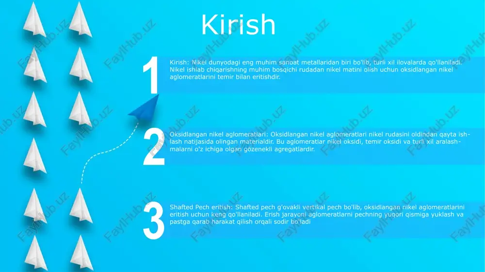ra-tadbirlarni o'rganish. maqsadlar: samaradorlikni oshirish, xarajatlarni kamaytirish va mahsulot sifatini oshirish orqali milya pechlarida oksidlangan nikel aglomeratlarini eritish jarayonini optimallashtirishga qaratilgan. yangi jarayon: oksidlangan nikel aglomeratlarini qayta ishlash uchun innovatsion texnologiyalarni ishlab chiqish, ularning qaytarilishini oshirish va o'choq ishini yaxshilash uchun zaryadlash strategiyalarini optimallashtirish. metodologiya milya pechining tigelida erish jarayonini eksperimental tekshirish oksidlangan nikel aglomeratlarining milya pechida erishini o'rganish metodikasi erish jarayonida shlaklar va shteynlarning hosil bo'lishini tekshirish materiallar shaft pecheda oksidi nikel aglomeratlarini eritish texnologiyasi ushbu texnologiya nikel rudalaridan nikel ishlab chiqarish uchun ishlatiladigan usuldir. oksidlangan nikel aglomeratlari nikel rudasini yuqori haroratda qovurish orqali olinadi. keyinchalik bu aglomeratlar shaftlangan pechga yuklanadi va nikel matini olish uchun ko'mir bilan qaytariladi. keyinchalik nikel matli nikel metalliga tozalanadi. eksperimental sozlash start eksperimental o'rnatish: eksperimental qurilma diametri 100 mm va balandligi 700 mm bo'lgan milya pechidan iborat edi. o'choqqa oksidlangan nikel aglomeratlari, ohaktosh va qaytaruvchi vosita yuklangan. oksidlangan nikel aglomeratlari: oksidlangan nikel aglomeratlari …