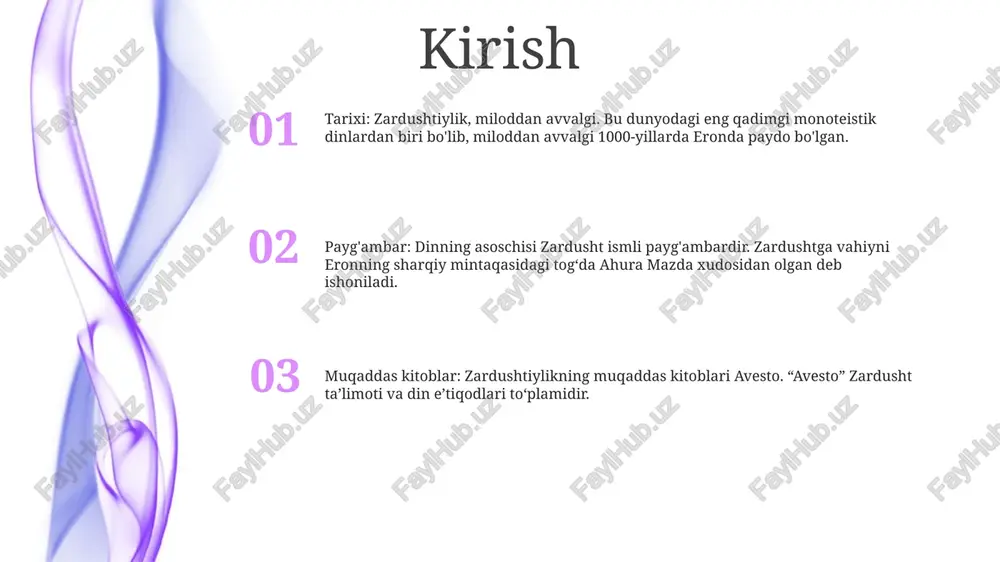 yorug'lik va yaxshilik bilan bog'liq. xudolar amesha spentas: ahura mazdaga ishida yordam beradigan oltita xayrixoh ilohlar: vohu manah (yaxshi aql), asha vahishta (eng yaxshi haqiqat), xshathra vairya (yaxshi qoida), spenta armaiti (muqaddas taqvo), haurvatat (yaxlitlik) va ameretat ( boqiylik). ahura mazda: oliy xudo, koinotning yaratuvchisi va qo'llab-quvvatlovchisi, barcha yaxshilik va bilimlarning manbai. angra mainyu: yovuz ruh, halokat va tartibsizlik printsipi, ahura mazdaning dushmani. payg'ambarlar asosiy e'tiqodlar: dualizm va yaxshilik va yomonlik o'rtasidagi kurash zardushtiylik dualistik din bo'lib, ezgulik, yorug'lik va tartib xudosi ahura mazda va yovuzlik, zulmat va tartibsizlik xudosi ahriman o'rtasidagi abadiy ziddiyatga ishonadi. zardusht: zardushtiylikning asoschisi va paygʻambari zardushtiylik asoschisi zaratusht paygʻambar boʻlib, qadimgi forsda miloddan avvalgi 600-yillarda yashagan. u zardushtiylikning oliy xudosi ahura mazdadan ilohiy vahiylar olgan. muqaddas yozuvlar: avesto va zend avesto zardushtiylikning muqaddas matnlari avesto va zend avesto nomi bilan mashhur. bu matnlarda zardusht ta’limoti, zardushtiylarning diniy marosim va e’tiqodlari o‘rin olgan. muqaddas matnlar avesto: …
