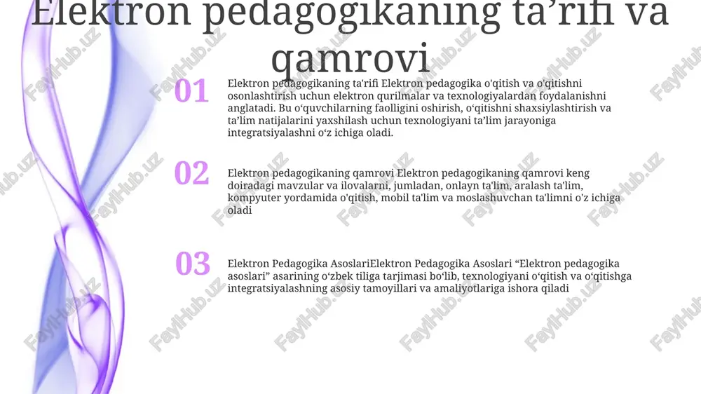 m uslublarini birinchi o‘ringa qo‘yadigan muhitlarni loyihalash. faol ishtirok etish, o'zini o'zi boshqarish va hamkorlikni rivojlantirish. 2. kognitiv moslashuvchanlik: bir nechta nuqtai nazarni, tanqidiy fikrlashni va muammolarni hal qilishni qo'llab-quvvatlaydigan o'quv muhitini yaratish. o'quvchilarni oldingi bilimlarni yangi tushunchalar bilan bog'lashga va o'rganishni real vaziyatlarda qo'llashga undash. elektron pedagogika bo'yicha o'qitish strategiyalari texnologiyalar integratsiyasi: elektron pedagogika o'rganish tajribasini yaxshilash va uni yanada qiziqarli qilish uchun virtual sinflar, simulyatsiyalar, interfaol o'yinlar va onlayn munozara taxtalari kabi turli texnologiyalarni o'z ichiga oladi. shaxsiylashtirilgan ta'lim: elektron pedagogika orqali o'qituvchilar o'quvchilarning individual ehtiyojlari, o'rganish uslublari va qiziqishlarini qondirish uchun ko'rsatmalarni moslashtirishi mumkin. bu o'quvchilarga o'z sur'atlari bo'yicha rivojlanish va qo'shimcha yordamga muhtoj bo'lgan sohalarga e'tibor qaratish imkonini beradi. faol ishtirok: elektron pedagogika talabalar o'rtasida faol ishtirok va hamkorlikka urg'u beradi. u munozarali forumlar, onlayn so'rovlar va guruh loyihalaridan foydalanishni rag'batlantiradi, jamiyat tuyg'usini uyg'otadi va tengdoshga o'rganishni targ'ib qiladi. elektron muhitda baholash va baholash shaxsiylashtirilgan ta'lim …