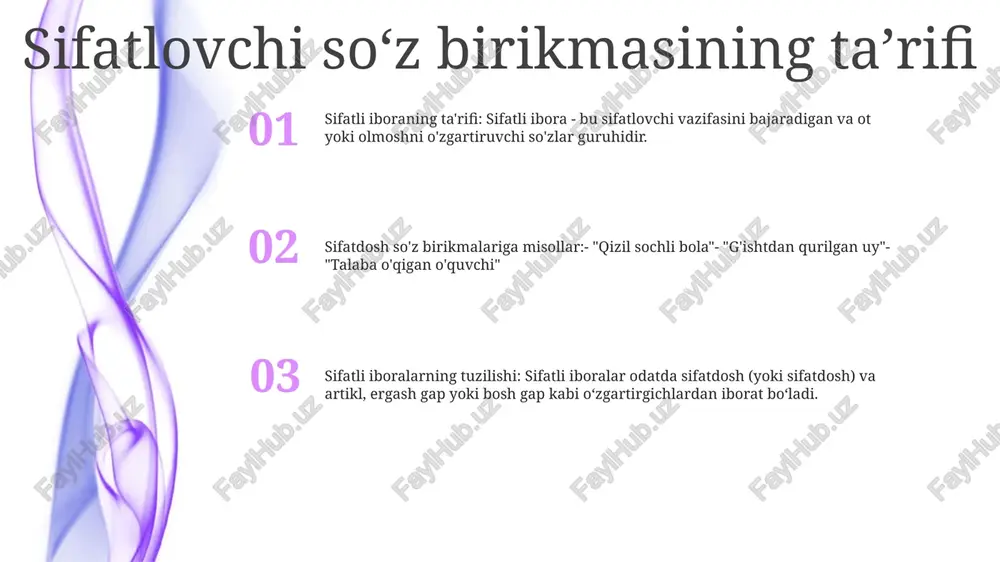 r yoki boshqa sifatdoshlarni o‘z ichiga olib, murakkabroq va tavsiflovchi so‘z birikmalarini hosil qilishi mumkin. sifatlovchili gapning turlari boshlovchi sifatdosh so‘z birikmasi: predlogdan keyin predlogdan iborat bo‘lib, sifatdosh vazifasini bajaradi. (masalan: stolda) kelishuvli sifatdosh so‘z: tarkibida kesim bo‘lib, sifatdosh vazifasini bajaradi. (masalan: tez yugurish) infinitive sifatdosh ibora: infinitivni o'z ichiga oladi va sifatdosh vazifasini bajaradi. (misol: tushunish oson) sifatlovchili gapning joylashishi 2. ismga aralashishsifat so‘z birikmasi ot so‘z birikmasini bo‘la oladi.misol: the bag, red in color, was found on the table. 1. ismdan oldin sifat so‘z o‘zgartiruvchi otdan oldin kelishi mumkin.misol: the clever student resold the puzzle quick. 3. ismdan keyin sifatdosh so‘z it o‘zgartiruvchi otdan keyin kelishi mumkin, vergul bilan yo‘lga qo‘yiladi.masalan: o‘quvchi, aqlli va mehnatkash, jumboqni tez hal qildi. sifatdosh so‘z birikmasi 3. joylashuv: sifatdosh so‘z birikmalari odatda o‘zgartirgan ot yoki olmoshdan keyin qo‘yiladi. ular ko‘pincha “dan”, “dan”, “bilan” yoki “sifatida” kabi bosh gap yoki “kim”, “qaysi”, “bu” …