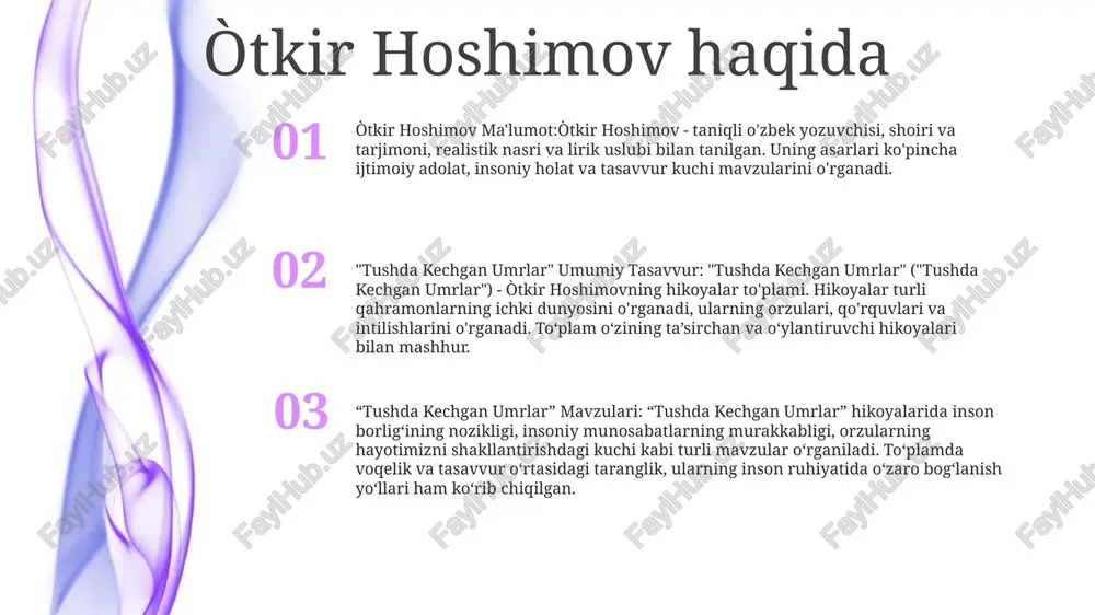 tabaqalanish: “tushda kechgan umrlar” asarida o‘sha davrda o‘zbekistonda hukm surgan ijtimoiy ierarxiya va tengsizliklar yorqin aks ettirilib, kam ta’minlangan va marginal qatlamlarning kurashi yoritilgan. siyosiy zulm: romanda sovet tuzumining repressiv tabiati fosh etilib, muxolifatchilarning ta’qib qilinishi va o‘chirilishi, jamiyatga kirib kelgan qo‘rquv va paranoyyalar batafsil yoritilgan. simvolizm va allegoriya simvolizm: romanda qahramonlarning ichki kurashlari va hayot murakkabliklarini ifodalash uchun dengiz va cho‘l kabi turli timsollardan foydalanilgan. allegoriya: romanni sevgi, yo'qotish va ma'no izlash mavzularini o'rganuvchi insoniy holatning allegoriyasi sifatida talqin qilish mumkin. shaxsiy sayohat: roman qahramonning sevgi, oila va vaqt o'tishi bilan bog'liq qiyinchiliklarni yo'lga qo'yganidek, o'zini o'zi kashf qilish va o'sish sayohatini kuzatib boradi. orzular va syurrealistik elementlar 2: syurrealistik simvolizm: romanda ongsiz sohalarni o'rganish va odatiy mantiqqa qarshi turish uchun syurrealistik simvolizm, sirli tasvirlar, kutilmagan qo'shimchalar va kuchaytirilgan hissiy tajribalar qo'llaniladi. 1: “orzuga o‘xshash muhit: xoshimov” romani yo‘nalishini yo‘qotgan personajlar, voqelik va fantaziya o‘rtasidagi noaniq chegaralar, hozirgi va …