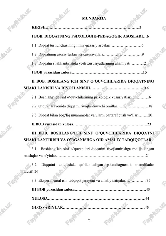 sh — taraqqiyotning poydevorini belgilab beradi. shu nuqtai nazardan, boshlang‘ich sinf o‘quvchilarining diqqat jarayonini chuqur o‘rganish va uni rivojlantirish bo‘yicha samarali metodikalar ishlab chiqish dolzarb masalaga aylangan. o‘zbekiston respublikasi prezidenti shavkat mirziyoyev o‘zining nutq va asarlarida ko‘p marotaba yosh avlodning tafakkurini, aqliy salohiyatini, psixologik holatini mustahkamlash zarurligini ta’kidlaydi: *“yangi o‘zbekistonni barpo etish yo‘lida inson — eng katta boylik, eng bebaho ne’mat. biz har bir farzandimizning qalbini, ongini, tafakkurini rivojlantirishga e’tibor qaratmasak, hech bir sohada yutuqqa erisha olmaymiz”*[footnoteref:1]. [1: mirziyoyev sh.m. yangi o‘zbekiston strategiyasi. – toshkent: “o‘zbekiston” nashriyoti, 2021. – b. 54] shu boisdan ham, maktabgacha va boshlang‘ich ta’lim bosqichida o‘quvchilarning asosiy psixik funksiyalaridan biri bo‘lgan diqqatni chuqur o‘rganish, uning rivojlanish xususiyatlarini tahlil qilish va pedagogik amaliyotga tatbiq qilish zarurati ortib bormoqda. diqqat — bu ongning muayyan ob'ekt yoki faoliyatga yo‘naltirilganligi va barqaror ushlanib turish xususiyatini bildiruvchi psixik jarayondir. diqqat bolalarda ixtiyoriylik, tafakkur va xotira kabi boshqa kognitiv jarayonlar bilan chambarchas …