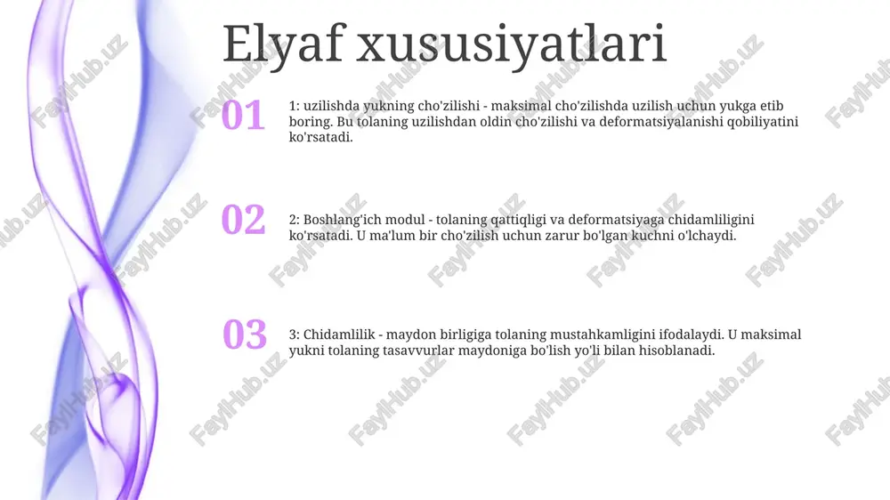 aniq sifat ko‘rsatkichlarini beradi. ushbu ko'rsatkichlar tola uzunligi, mustahkamligi, nozikligi va mahsulotning tashqi ko'rinishi va ishlashiga ta'sir qiluvchi boshqa parametrlarni o'z ichiga olishi mumkin. siqilish va o'lchov barqarorligi o'lchov barqarorligi: yuvish yoki quritish jarayonidan so'ng matoning shakli va hajmini saqlab qolish qobiliyati. u foiz sifatida ifodalanadi va jarayondan keyin uning o'lchamlarini o'zgartirgan mato miqdorini ko'rsatadi. siqilish: yuvish yoki quritish jarayonidan so'ng matoning nam va quruq o'lchamlari o'rtasidagi farq. u foiz sifatida ifodalanadi va jarayon davomida yo'qolgan mato miqdorini ko'rsatadi. paxta mahsulotlarining sifat ko‘rsatkichlari: paxta mahsulotlarining xususiyatlari, shu jumladan ularning kichrayishi, o‘lchami barqarorligi hamda sifati va ko‘rsatkichlarini belgilovchi boshqa xususiyatlari. kuch va chidamlilik jismoniy xususiyatlar: materialning mustahkamligi va chidamliligiga hissa qo'shadigan zichlik, qattiqlik va erish nuqtasi kabi o'ziga xos xususiyatlarini o'z ichiga oladi. materiallarning mustahkamligi: materialning haddan tashqari buzilmasdan yoki deformatsiyalanmasdan tashqi kuchlarga bardosh berish qobiliyatini o'lchaydi. chidamlilik: materialning turli xil atrof-muhit sharoitlarida vaqt o'tishi bilan buzilish va degradatsiyaga chidamliligini baholaydi. …