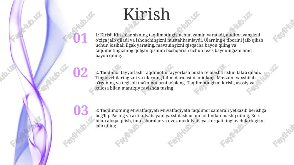 to'plash: intervyu o'tkazing, tegishli manbalarni o'rganing va etkazish uchun asosiy xabarlarni aniqlang. taqdimotni yaratish: yig'ilgan tarkibni mantiqiy oqimga sozlang, vizual tarzda jozibali slaydlar yarating va multimedia elementlarini o'z ichiga oling. mashq qilish va topshirish: taqdimotni oldindan mashq qiling, silliq o'tishni ta'minlang va tinglovchilarni samarali etkazib berish va tana tili bilan jalb qiling. materialingizni tartibga solish vizual qo'llanmalardan foydalaning: fikrlaringizni tasvirlash va taqdimotingizni yanada qiziqarli qilish uchun jadvallar, grafiklar yoki rasmlarni qo'shing. taqdimotni yarating: taqdimotingizni kirish, asosiy va xulosa kabi mantiqiy bo'limlarga ajrating. qisqacha tuting: diqqatni asosiy xabarlarni aniq etkazishga qarating va tomoshabinlarning qiziqishini saqlab qolish uchun keraksiz tafsilotlardan qoching. ko‘rgazmali qurollar yaratish 3. oddiylik va ravshanlik: fikrlarni samarali etkazish uchun aniq va ixcham matn, grafik va tasvirlardan foydalangan holda oddiy, tartibsiz maketlar bilan ko‘rgazmali qurollarni loyihalash. 1. vizual ierarxiya: tinglovchilar diqqatini muhim nuqtalarga yo'naltirish uchun o'lcham, rang va masofadan foydalangan holda elementlarni samarali tartibga soling. 2. ko'z bilan aloqa qilish …