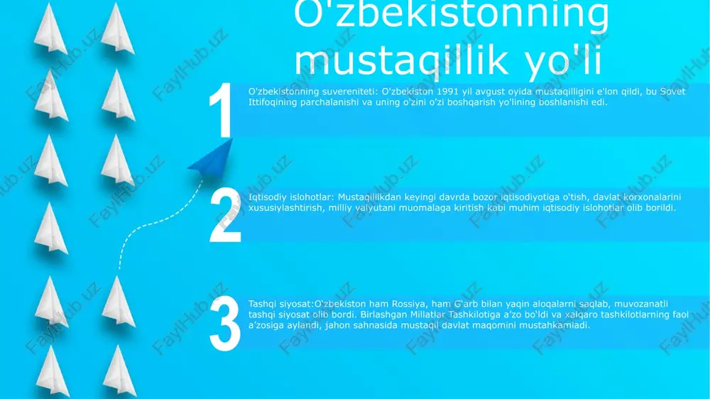 reja bozor iqtisodiyotiga o‘tish, davlat aralashuvini kamaytirish va xususiy sektor o‘sishini rag‘batlantirish strategiyasini belgilaydi. tashqi siyosat va xalqaro munosabatlar 2: oʻzbekiston 120 dan ortiq davlatlar bilan diplomatik aloqalarni oʻrnatadi va bir qancha xalqaro tashkilotlar, jumladan, birlashgan millatlar tashkiloti, yevropada xavfsizlik va hamkorlik tashkiloti, shanxay hamkorlik tashkiloti aʼzosi hisoblanadi. 1: o‘zbekistonning tashqi siyosati betaraflik, ichki ishlarga aralashmaslik, davlat suverenitetini hurmat qilish, nizolarni tinch yo‘l bilan hal etish tamoyillariga asoslanadi. 3: o‘zbekiston tashqi siyosatining ustuvor yo‘nalishlari qatoriga mintaqaviy hamkorlikni mustahkamlash, iqtisodiy rivojlanishga ko‘maklashish, terrorizm va ekstremizmga qarshi kurashish kiradi. noyob madaniy meros va o'ziga xoslik madaniy xilma-xillik: oʻzbekiston madaniyatlarning erish qozonidir, turli etnik guruhlar, jumladan oʻzbeklar, tojiklar, qozoqlar va ruslar, ularning har biri xalqning boy madaniy merosiga hissa qoʻshmoqda. tarixiy diqqatga sazovor joylar: mamlakatda samarqand, buxoro va xiva kabi qadimiy shaharlar bor, ular yuneskoning jahon merosi obʼyektlari boʻlib, ular ipak yoʻlining tarixiy ahamiyatini aks ettiruvchi meʼmoriy moʻjizalari bilan mashhur. milliy oʻziga xoslik: …