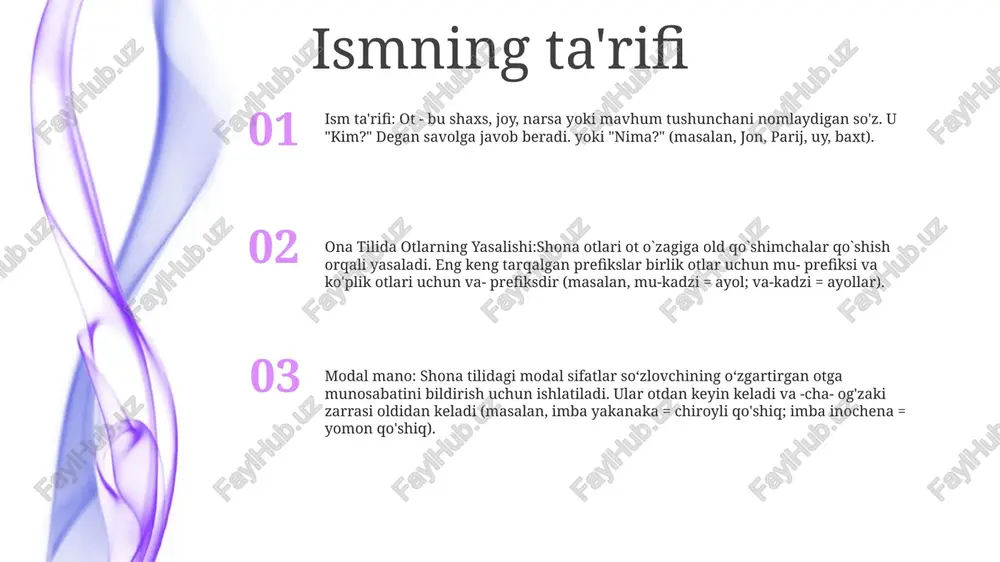 otlarning birikma yasalishi 1. otlarning birikma yasalishi: bu jarayon ikki yoki undan ortiq so‘zlarni birlashtirib, yangi ot hosil qiladi, masalan, “kitob” (kitob) va “xona” (xona) dan “kitobxona” (kutubxona). 2. ona tilida otlarning yasalishi: o‘zbek tilidagi otlar affiksatsiya, birikma, konvertatsiya kabi turli usullar bilan yasalishi mumkin. 3. tuzilish jihatdan turlari. otlarda modal mano: otlarni tuzilishiga koʻra turli turlarga boʻlish mumkin, jumladan, sodda otlar (masalan, “kitob”), qoʻshma otlar (masalan, “kitobxona”) va hosila otlar (masalan, “kitobchi”) ismlarning semantik shakllanishi ona tilida otlarning yasalishi: onabe tilidagi otlar affiksatsiya, ikkilanish va birikma birikmalari orqali yasaladi. affikslarga prefikslar, qo'shimchalar va infikslar kiradi. otlarning semantik shakllanishi: ot fe'l, sifat, qo'shimcha va ergash gaplardan turli semantik jarayonlar, jumladan, mavhumlashtirish, konkretlashtirish va ixtisoslashuv orqali yasalishi mumkin. tuzilish jihatdan turlari. otlarda modal mano.: o‘z tuzilishiga ko‘ra otlar oddiy (bitta morfemadan iborat) yoki murakkab (ikki yoki undan ortiq morfemadan iborat) bo‘lishi mumkin nominal birikmalar otlarda modal mano: “modal fe’llar” so‘zlovchining fe’l …
