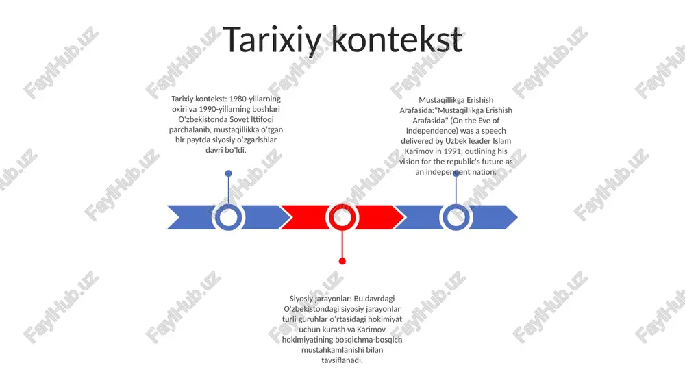bekistonda suverenitet harakati 1980-yillarning oxirida kuchayib borayotgan millatchilik va sovet ittifoqidan siyosiy mustaqillikka intilish natijasida paydo bo'lgan. . iqtisodiy va ijtimoiy islohotlar iqtisodiy islohotlar: erkin bozor tamoyillarini joriy etish, davlat korxonalarini xususiylashtirish, valyutani erkinlashtirish. ijtimoiy islohotlar: sog‘liqni saqlash va ta’limni kengaytirish, gender tengligini ta’minlash, ijtimoiy himoya tizimini mustahkamlash. siyosiy rivojlanish: ko‘ppartiyaviylik tizimiga o‘tish, yangi konstitutsiyaning qabul qilinishi, mustaqil sud tizimining o‘rnatilishi. mustaqillik bayrami siyosiy oʻzgarishlar: sovet ittifoqining parchalanishi va millatchilik harakatlarining paydo boʻlishi oʻzbekistonning siyosiy manzarasida sezilarli oʻzgarishlar boʻldi. konstitutsiyaviy oʻzgarishlar: 1990-yilda oʻzbekiston yangi konstitutsiyani qabul qilib, uni sssr tarkibida suveren respublika deb eʼlon qildi va yakunda mustaqillikka erishish uchun zamin yaratdi. koʻppartiyaviylik tizimi: siyosiy partiyalarning, jumladan, oʻzxdp va “erk” partiyalarining paydo boʻlishi kommunistik partiyaning hukmronligiga qarshi chiqdi va mustaqillikka olib boradigan siyosiy nutqni shakllantirishda muhim rol oʻynadi. e'tiboringiz uchun rahmat @taqdimot_robot image11.jpg image2.jpg /docprops/thumbnail.jpeg