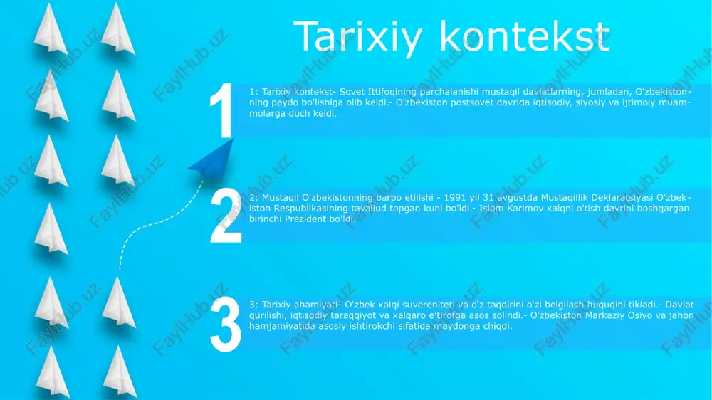 ik kuni o‘zbekiston respublikasi 1991-yil 31-avgustda o‘zbekiston sovet sotsialistik respublikasi oliy kengashi sovet ittifoqi tarkibidan chiqqanligini e’lon qilganida mustaqillikka erishdi. 2: demokratiyaga o‘tish o‘zbekiston mustaqillikka erishgach, 1992-yilda yangi konstitutsiya qabul qilinishi va ko‘ppartiyaviylik saylovlari o‘rnatilishi bilan demokratik siyosiy tizimga o‘tdi. xalqaro e'tirof tarixiy ahamiyati: o‘zbekiston respublikasining tashkil topishi o‘z tarixida milliy istiqlol uchun ko‘p asrlik intilishlar cho‘qqisini ko‘rsatuvchi muhim voqea bo‘ldi. xalqaro e'tirof: yangi paydo bo'lgan o'zbekiston respublikasi 1991 yil 25 dekabrda aqsh diplomatik tan olish huquqini uzaytirgandan so'ng xalqaro e'tirofga sazovor bo'ldi. toshkent deklaratsiyasi: o‘zbekiston mustaqilligi 1991-yil 1-sentabrda 12 ta respublika rahbarlari tomonidan imzolangan toshkent deklaratsiyasi orqali rasman e’lon qilindi. meros va ta'sir 1. mustaqil davlatning barpo etilishi: 1991-yil 1-sentyabrda mustaqillik e’lon qilinishi o‘zbekiston respublikasining sovet ittifoqi tarkibidan chiqib, suveren davlat sifatida tug‘ilishi bilan belgilandi. 2. ijtimoiy-iqtisodiy o‘zgarishlar: mustaqillik iqtisodiyotni erkinlashtirish, siyosiy islohotlar, o‘zbek madaniyati va tilini yuksaltirish, millatning o‘ziga xosligi va taraqqiyot yo‘lini shakllantirish davrini boshlab berdi. 3. …