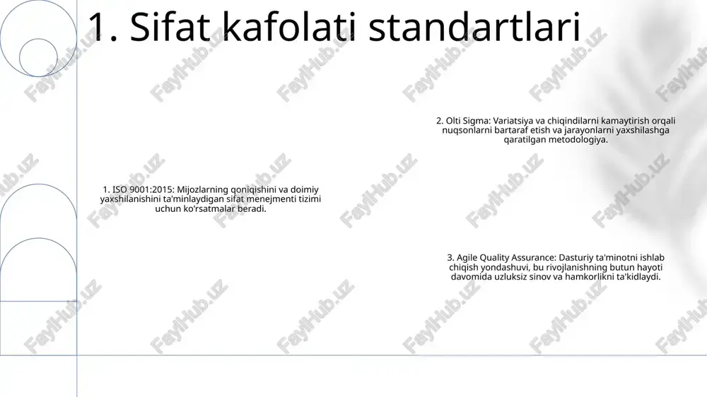 abul qilish uchun ob'ektiv ma'lumotlarni taqdim etadi. mahsulot sifati ko'rsatkichlari: turlari va misollari: sifat ko'rsatkichlari mahsulot yoki xizmatning sifat darajasini baholaydi. ular spetsifikatsiyalarga muvofiqlik, mijozlar ehtiyojini qondirish va ishonchlilik kabi turli turlarga bo'linishi mumkin. ishlash ko'rsatkichlari: turlari va ilovalari: unumdorlik ko'rsatkichlari muayyan kontekst va sohaga qarab farq qilishi mumkin. umumiy turlarga unumdorlik ko'rsatkichlari, samaradorlik koeffitsientlari, moliyaviy ko'rsatkichlar va mijozlar ehtiyojini qondirish ko'rsatkichlari kiradi. ular biznes faoliyatining turli jihatlari haqida qimmatli tushunchalar beradi. 4. ishlash ko'rsatkichlari mijozlarning qoniqish indeksi (csi): mijozlarning biznes mahsulotlari yoki xizmatlaridan qanchalik qoniqishini o'lchaydigan ko'rsatkich. mahsulot sifati ko'rsatkichlari (mahsulot sifati ko'rsatkichlari): mahsulot yoki xizmat sifatini, jumladan, unumdorligi, ishonchliligi va chidamliligini baholovchi ko'rsatkichlar. mijozlarning fikr-mulohazalari: mijozlardan mahsulot yoki xizmatlarni yaxshilash va mijozlarning qoniqishini oshirish uchun ishlatilishi mumkin bo'lgan biznes bilan bog'liq tajribalari haqida to'plangan ma'lumotlar. 5. mijozlarning qoniqish indeksi ishonchlilik (ishonchlilik): mijozlarning talablariga javob beradigan xizmatlarni doimiy ravishda yetkazib berish. javobgarlik (tezkorlik): mijozlarning so'rovlari va so'rovlariga ehtiyotkorlik va …