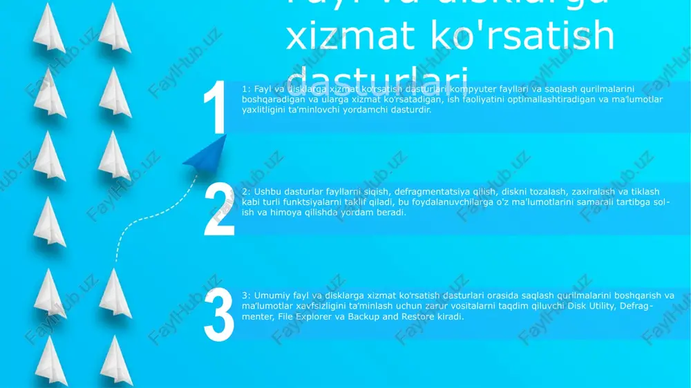 , ishonchlilik va imkoniyatlarni taklif etadi. u yaxshi samaradorlik uchun fayllarni taqsimlashni optimallashtiradigan katta fayl o'lchamlarini, jurnalni va hajmlarni qo'llab-quvvatlaydi. ierarxik fayl tizimi (hfs): macos-da foydalaniladigan hfs fayllarni ierarxik daraxt strukturasida tartibga soladi. u kengaytirilgan atributlar, taxalluslar va ruxsatlarni qo'llab-quvvatlaydi. yangi texnologiya fayl tizimi (ntfs): windows tizimlarida mavjud bo'lgan ntfs fayllarni shifrlash, jurnalga yozish va shaffof siqish kabi ilg'or xususiyatlarni taqdim etadi. u katta va murakkab fayl tizimlari uchun keng qo'llaniladi. disk boshqaruvi fayl va disklarga xizmat koʻrsatuvchi dasturlar:- disk xotirasini boshqarish uchun qoʻshimcha funksiya va funksiyalarni taʼminlovchi uchinchi tomon dasturiy taʼminoti.- diskdagi tasvirlarni yaratish va tiklash, disk holatini kuzatish, ish faoliyatini optimallashtirish va yoʻqolgan maʼlumotlarni qayta tiklash kabi ilgʻor variantlarni taklif etadi. disk boshqaruvi:- foydalanuvchilarga saqlash qurilmalarini (masalan, qattiq disklar, ssd-lar) boshqarish va formatlash imkonini beruvchi windows-ga o'rnatilgan vosita.- bo'limlarni yaratish, o'chirish, o'lchamini o'zgartirish va formatlash, shuningdek, disk maydonini boshqarish kabi vazifalarni bajarishga imkon beradi. disk utility:- disk management …