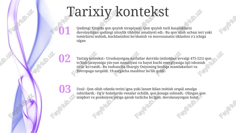 ullari: - amaliyotchilar va bemorlar bilan etnografik suhbatlar - qon chiqarish (qon olish) seanslarini kuzatish - tarixiy matnlar va tibbiy adabiyotlarni tahlil qilish. qo'llaniladigan asboblar: - qon olish uchun shprits va vakuum pompasi - qon oqimini nazorat qilish uchun turniket - qon olish joylarini aniqlash uchun akupunktur ignalari - so'rish uchun stakanlar qon quyish uchun ko'rsatmalar qadimgi xitoyning qon quyish terapiyasi usuli: - 2000 yildan ortiq vaqt davomida turli kasalliklarni davolashda qo'llanilgan - ma'lum akupunktur nuqtalaridan oz miqdordagi qonni olib tashlashni o'z ichiga oladi - qi (energiya) oqimini muvozanatlashtiradi va toksinlarni olib tashlaydi. qon ketishining terapevtik ta'siri: - yallig'lanish va og'riqni kamaytiradi - qon aylanishini yaxshilaydi - tiqilib qolishni va tiqilib qolishni tozalaydi - immunitet tizimini mustahkamlaydi - asablarni tinchlantiradi va bo'shashishga yordam beradi. qon ketishning foydalari va xavflari 3. qadimgi xitoyda qo'llanilishi: - asrlar davomida turli kasalliklarni davolash uchun ishlatilgan - toksinlarni olib tashlash va tanadagi muvozanatni tiklash uchun …