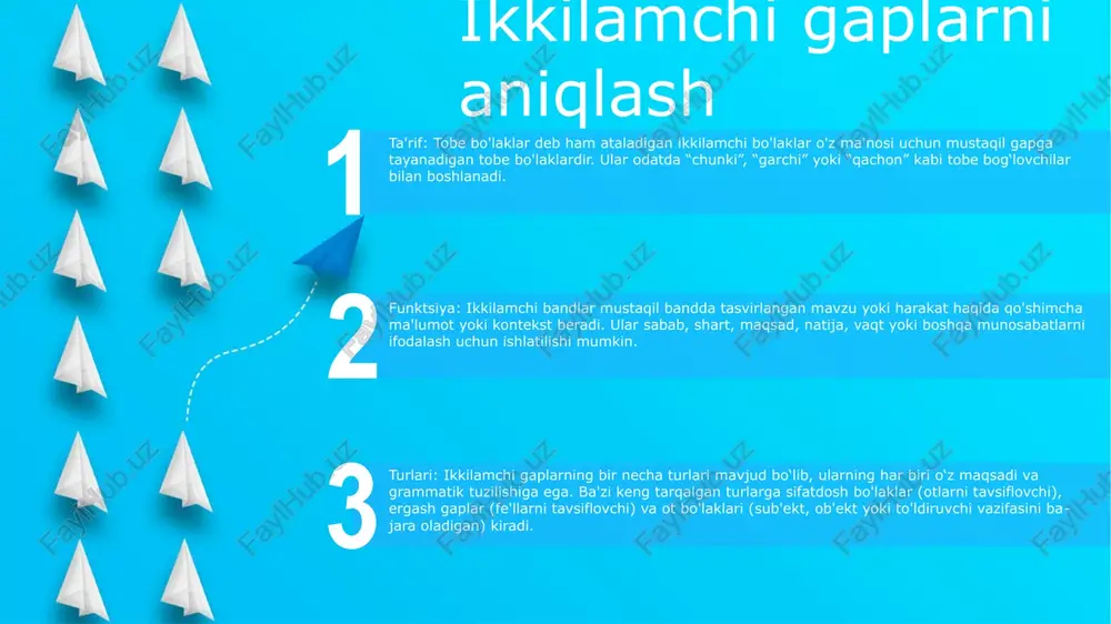 o‘shma gaplar.- to‘ldiruvchi, predmet yoki to‘ldiruvchi vazifasini bajara oladi.- bog‘lovchilar orqali kiritiladi (that, whether, if, how).- misol: “i don’t know if i ziyofatga boradi." sifatdosh qo‘shimchalar:- ot yoki olmoshni ifodalovchi yoki o‘zgartiruvchi bog‘langan qo‘shma gaplar.- nisbiy olmoshlar bilan kiritiladi (who, which, that, whose).- misol: “poygada g‘olib chiqqan bola sovrin oladi”. ergash gaplar:- fe’l, sifat yoki ergash gapni o‘zgartiruvchi bog‘lovchilar.- vaqt, o‘rin, sabab yoki shartni ifodalaydi.- tobe bog‘lovchilar orqali kiritiladi (qachon, qaerda, chunki, garchi).- misol: “i will go to men bo'sh vaqtim bo'lganda do'konga." ikkilamchi ergash gapning turlari: ergash gaplar qo`shimcha gaplar ikki harakat yoki hodisa o`rtasidagi munosabatni ifodalaydi. gaplarni vaqt, joy, sabab yoki uslubni ifodalash orqali bog'laydi. misollar: "men sutga muhtojligim uchun do'konga bordim". (sabab) ot bo'laklari ot vazifasini bajaradi. fe'l, sifat yoki otni to'ldiradi. misollar: "men undan nimani xohlayotganini so'radim." ("so'ragan" fe'lining ob'ekti) sifatdosh gaplar ot yoki olmoshni o‘zgartiradi. ot yoki olmoshning ma'nosini cheklaydi yoki aniqlaydi. misollar: “tibbiy o‘qigan …