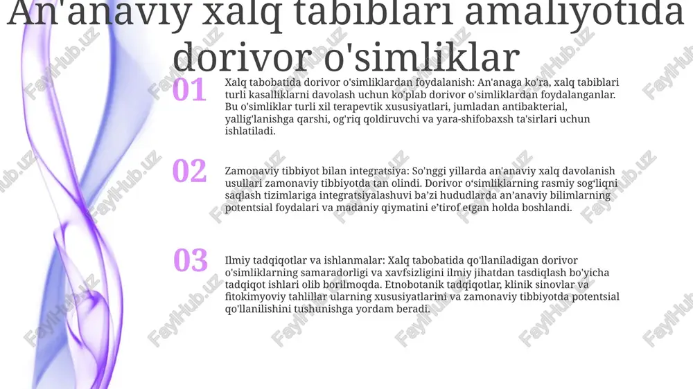 i davolash usullarini zamonaviy sog‘liqni saqlash amaliyotiga integratsiyalashuvini muhokama qilish. ayurveda tibbiyotidagi dorivor o'simliklar zamonaviy tibbiyot: “rasmiy tibbiyot” zamonaviy tibbiyot tizimi dorivor o‘simliklarning salomatlik holatini davolashdagi imkoniyatlarini tan oladi. ilmiy tadqiqotlar shuni ko'rsatdiki, ba'zi o'simliklardan olingan birikmalar farmakologik xususiyatlarga ega bo'lib, bu o'simliklardan tibbiyotda an'anaviy foydalanishni qo'llab-quvvatlaydi. dorivor maqsadlarda foydalanish: ayurveda tibbiyoti turli xil o'simliklarni terapevtik xususiyatlari uchun ishlatadi. bu o'simliklar nafas olish kasalliklari, ovqat hazm qilish muammolari va teri kasalliklarini o'z ichiga olgan keng ko'lamli kasalliklarni davolash uchun ishlatiladi. an'anaviy bilimlar: markaziy osiyoda qo'llaniladigan xalq tabobati tizimi bo'lgan xalq tabobati shifobaxsh amaliyotining bir qismi sifatida dorivor o'simliklarni o'z ichiga oladi. bu o'simliklar avloddan-avlodga o'tadi va umumiy kasalliklar va sog'liq sharoitlarini davolash uchun ishlatiladi. mahalliy amerikalik an'anaviy tibbiyotda dorivor o'simliklar ilmiy bilimlar: dorivor o'simliklar haqidagi mahalliy bilimlar etnobotanika tadqiqotlari va zamonaviy ilmiy tadqiqotlar bilan hujjatlashtirilgan, ularning kimyoviy tarkibi va farmakologik faolligini aniqlagan. madaniy ahamiyati: dorivor o'simliklar avloddan-avlodga o'tib kelayotgan madaniy …