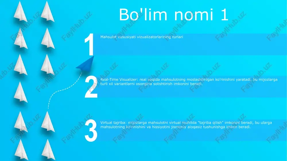 im nomi 5 1: maxsus maxsulot sifatlari: bu turlar, maxsus mahsulotlar icin tasarlanmistir ve bu mahsulotlarin benzersiz özelliklerini vurgularlar. 2: umumiy maxsulot sifatlari: bular umumiy iboralar bo‘lib, keng turdagi ekinlarga nisbatan qo‘llanilishi mumkin bo‘lib, mahsulotning umumiy xususiyatlariga e’tibor qaratiladi. 3: qiyosiy maxsulot sifatlari: bu turlar turli xil maxsulotlarni solishtirib, ularning o‘xshash va farqli tomonlarini ko‘rsatib, mijozlarga ongli qaror qabul qilishga yordam beradi. bo'lim nomi 6 start mahsulot samaradorligi ko'rsatkichlarining turlari mahsulotlarning samaradorligi va samaradorligini o'lchash ko'rsatkichlarga quyidagilar kiradi: - mijozlarning qoniqish darajasi - bozor ulushi - investitsiyalar rentabelligi (roi) - sotish hajmi 7-bo'lim nomi jismoniy ko'rsatkichlar: bu ph qog'ozi yoki refraktometr kabi tahlil qiluvchi moddaning mavjudligini yoki kontsentratsiyasini jismoniy ko'rsatadigan qurilmalar yoki usullardir. sensor ko'rsatkichlar: bular ma'lum bir tahlil qiluvchi bilan aloqa qilganda rangi yoki ko'rinishini o'zgartiradigan moddalardir. kimyoviy ko'rsatkichlar: bular rang o'zgarishi yoki cho'kma hosil bo'lishi kabi ko'rinadigan o'zgarishlarni keltirib chiqarish uchun analit bilan kimyoviy reaksiyaga kirishadigan moddalardir. bo'lim …