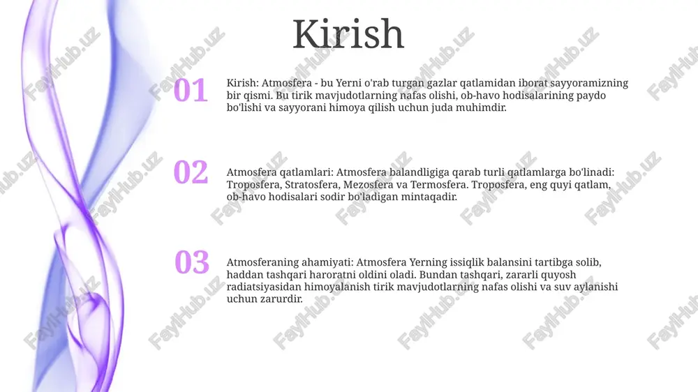 gan ko'pchilik meteoritlar yonib ketadigan qatlam. ushbu meteoritlar atmosfera bilan aloqa qilganda, ular qiziydi va ularning porlashiga olib keladi. termosfera atmosfera qatlamlari: troposfera (er yuzasi - 10 km): bu hayot mavjud bo'lgan va ob-havo hodisalari sodir bo'ladigan qatlam. stratosfera (10-50 km): u ozon gazini o'z ichiga oladi va sayyorani zararli ultrabinafsha nurlanishidan himoya qiladi. termosfera (termosfera): bu atmosferaning eng tashqi qatlami. u quyoshdan keladigan radiatsiyani yutadi va sayyorani isitadi. atmosferaning ahamiyati: u sayyorani zararli radiatsiyadan himoya qiladi, atmosferaning mavjudligi sayyorada hayotni ta'minlaydi. ekzosfera qatlamlar - atmosfera pastdan yuqoriga qarab quyidagi qatlamlarga bo'linadi: troposfera, stratosfera, mezosfera, termosfera va ekzosfera. har bir qatlam o'ziga xos harorat, zichlik va gaz tarkibiga ega. ekzosfera - yer yuzasidan taxminan 600 km balandlikda boshlanadigan atmosferaning eng tashqi qatlami. bu qatlam juda siyrak bo'lib, asosan vodorod va geliy atomlaridan iborat. atmosfera - bu yerni o'rab turgan gazlar qatlami, qalinligi taxminan 100 km. havo kislorod, azot, argon va …